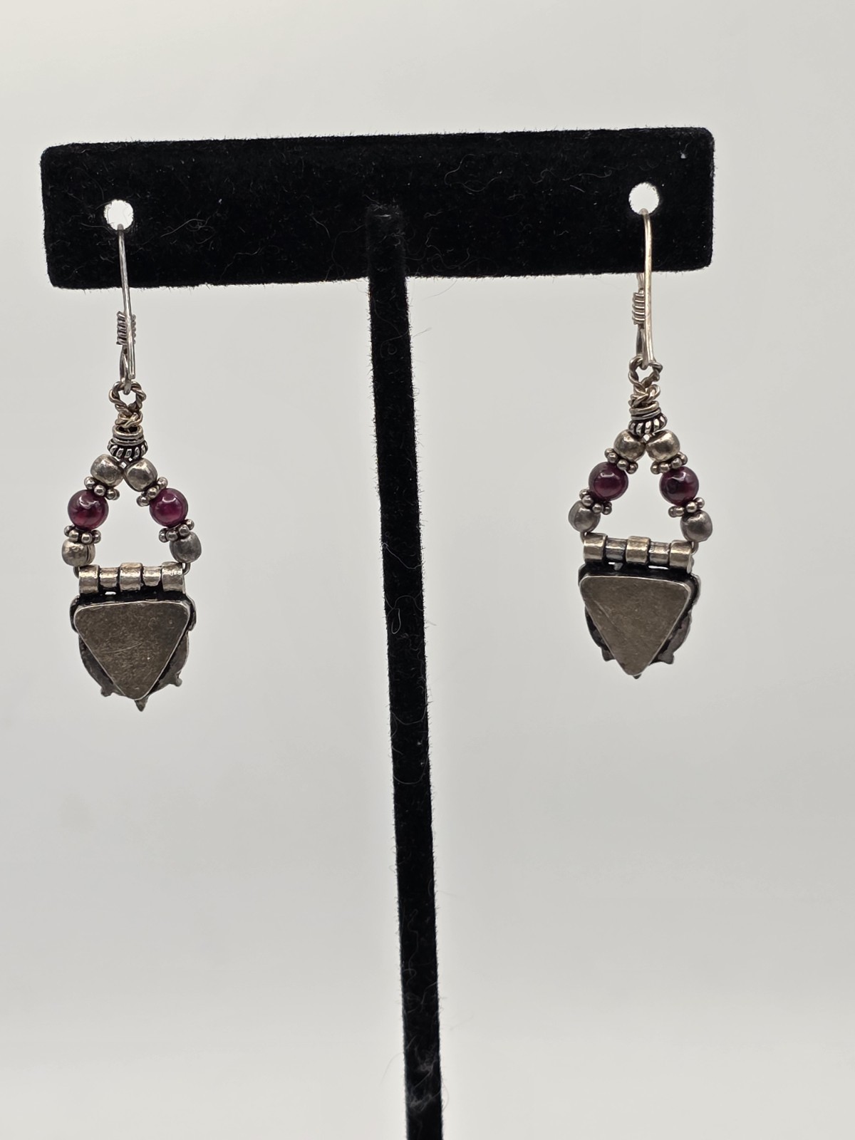 Vintage Dangle Boho Silver And Red Beads Pierced Earrings Hooks Marked 925