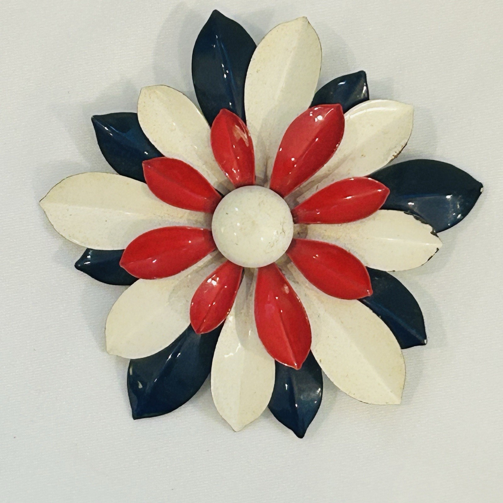 Lot Of 2 VTG Brooches Brass Floral Bow Red White Black Painted Flower