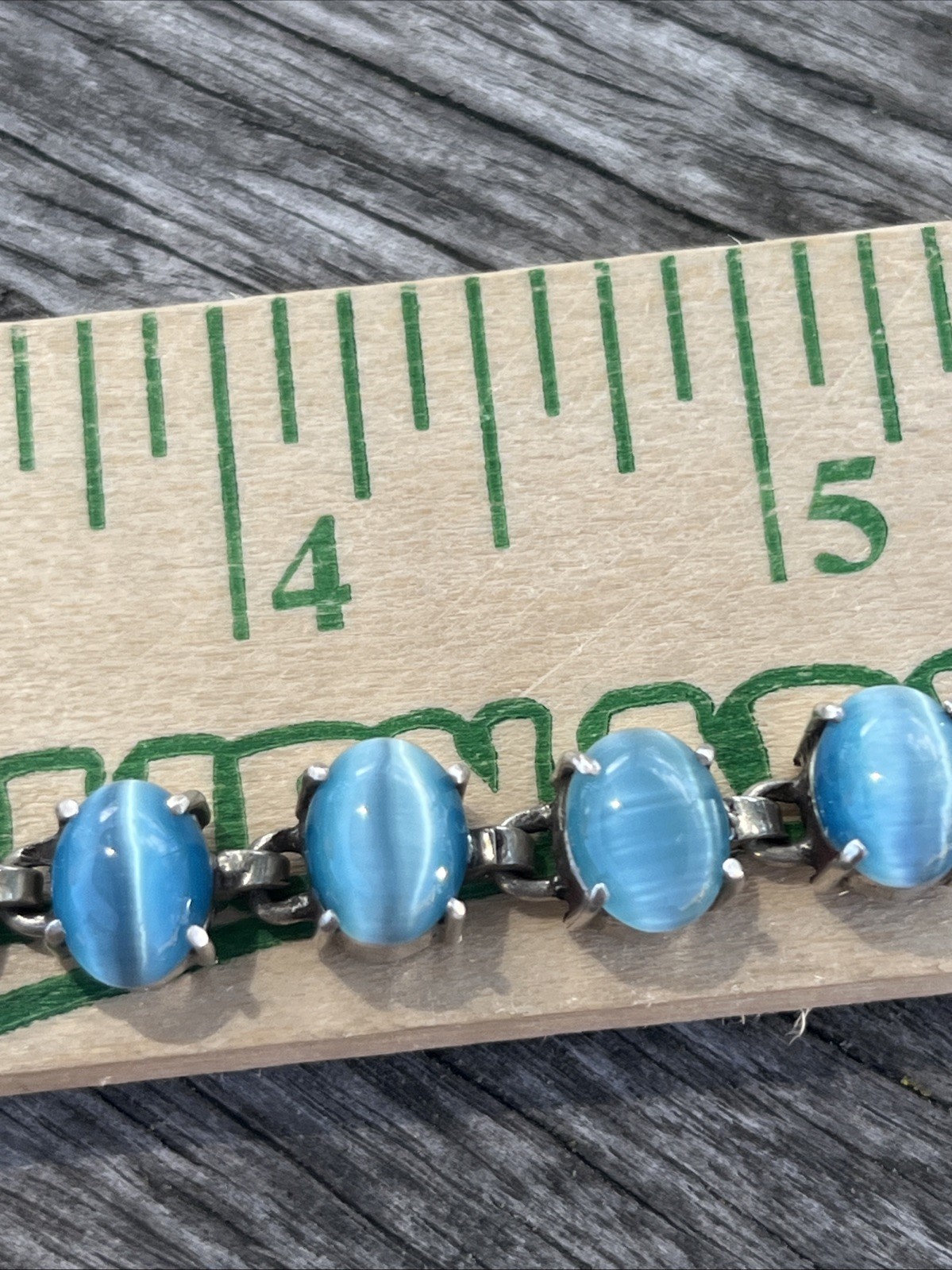 Vintage Blue Cats Eye Gem Stones Silver Bracelet Small