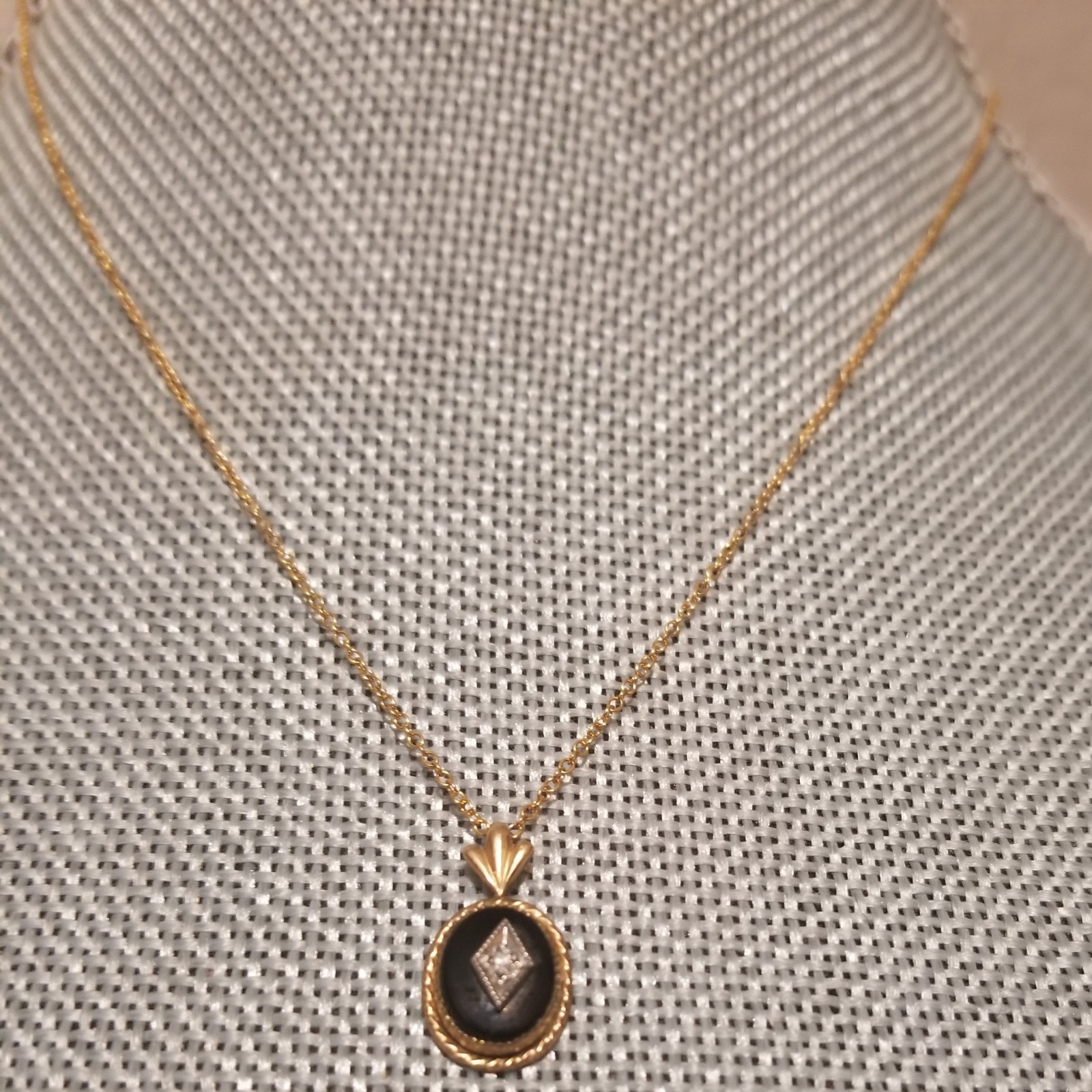 Antique Victorian Onyx And Diamond? Mourning 14k Gold Filled Pendant Necklace