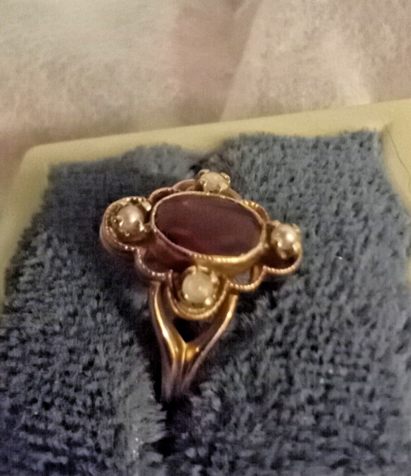 MARVELOUS ANTIQUE OSTBY BARTON 10K GOLD RED STONE SEED PEARL RING SZ 6.75 OB