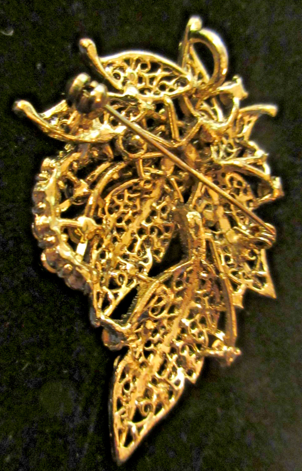 Vtg Gold Tone Cannetille Amber Orange Cream Rhinestone Brooch Pin Pendant