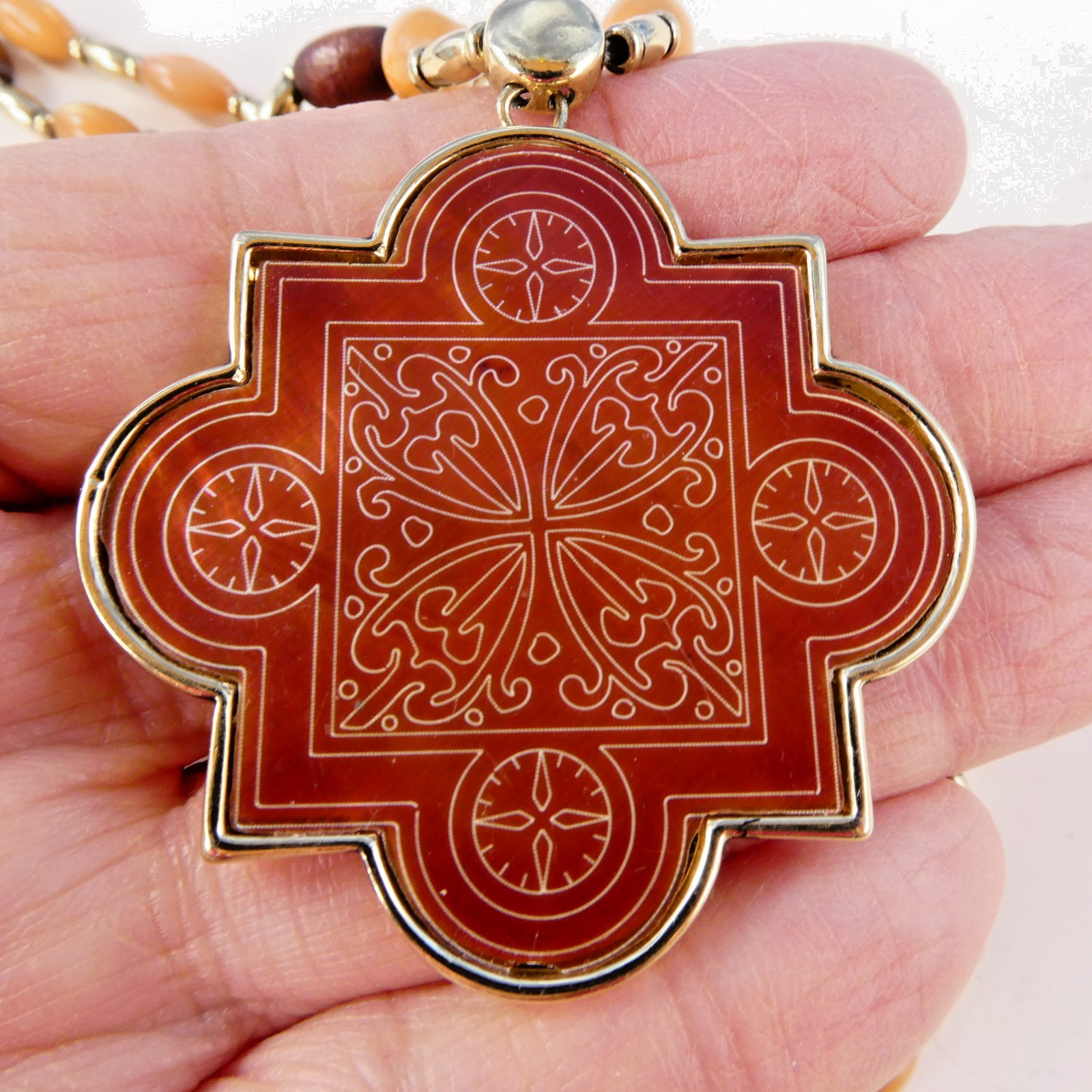 Pretty MONET Fancy Beaded Pendant Necklace Gold Tone 30″ Peach Brown Colors