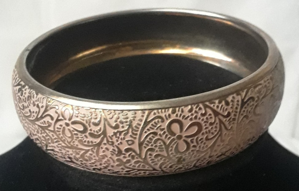 Vintage Rose Gold Copper Tone Wide Floral Pattern Bangle Fashion Bracelet 6 in