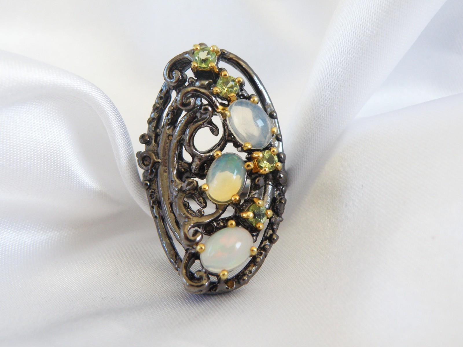 Brutalist Sterling Silver 925 Ethiopian Opal Peridot Modernist Ring Size 8