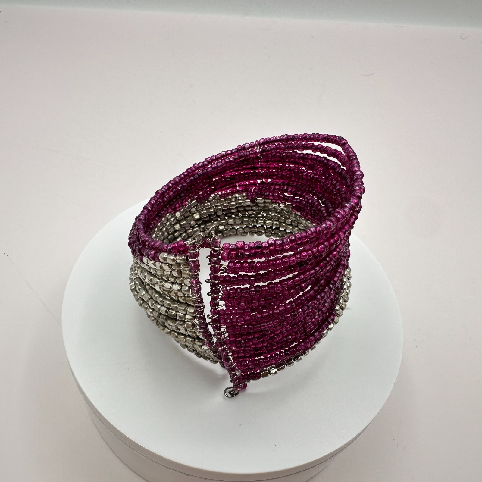 Vintage 90s Magenta Pink &Silver Seed Bead Multi-Strand Wrap Cuff Bracelet Boho