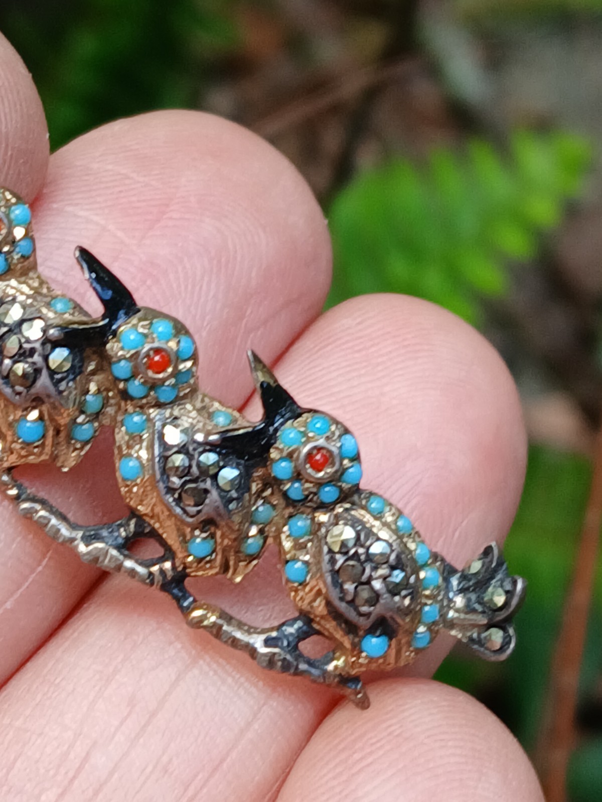 Nice Sterling Silver Enamel Marcasite 3 Birds Branch Brooch/Pin Germany US Zone