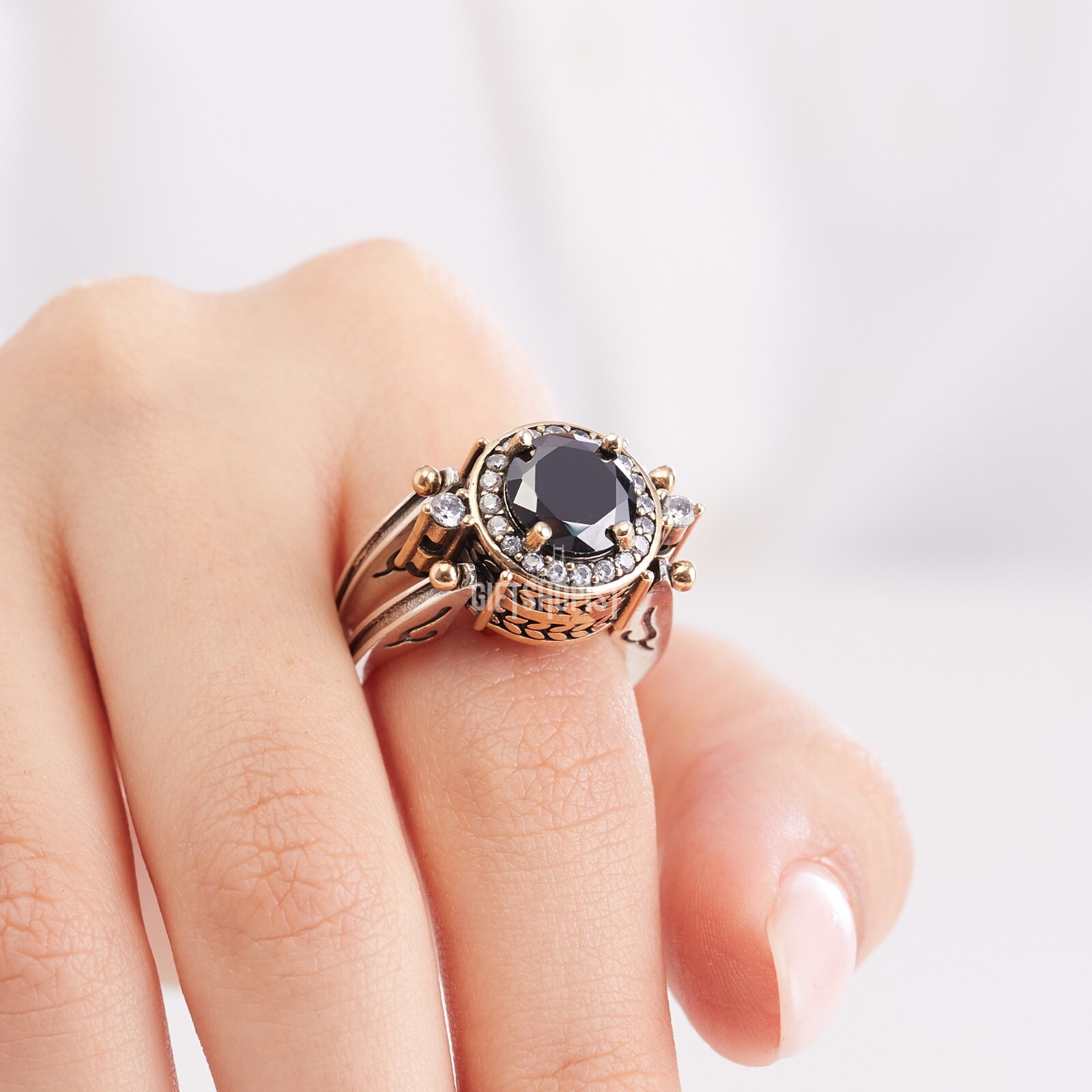 Turkish Reversible Round Emerald and Black Onyx Topaz 925 Sterling Silver Ring