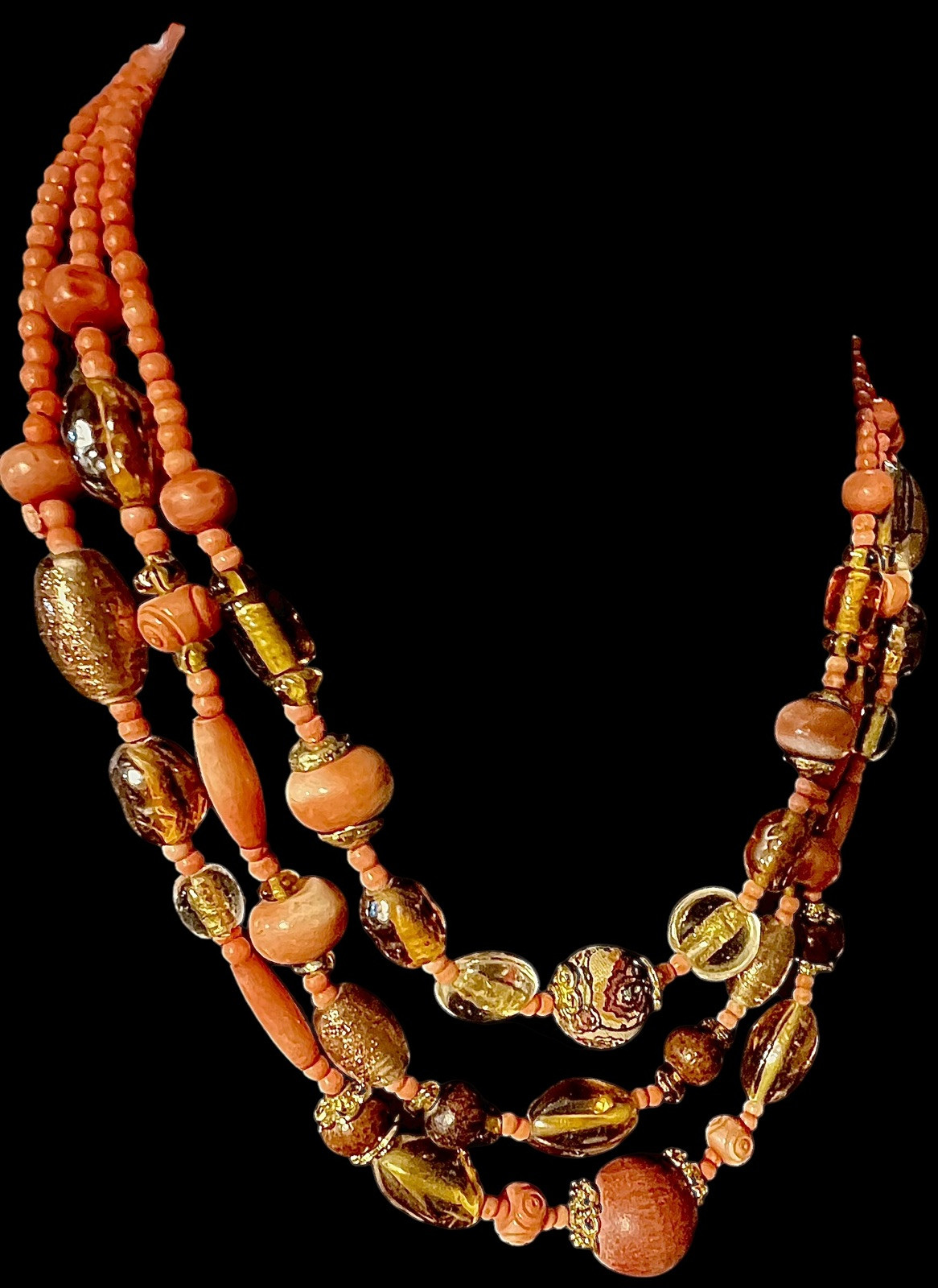 18” Unbranded 3 Strands Of Peach Seed Beads Brown & Gold Beads Plastic Rose Bead