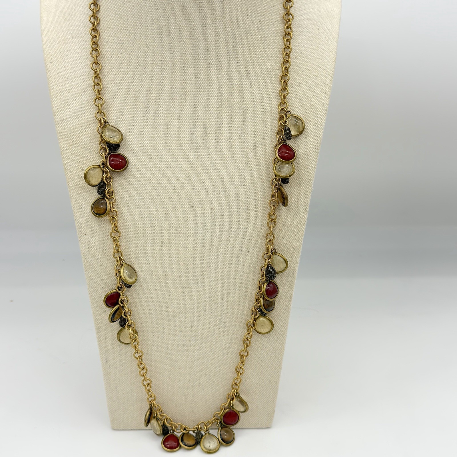 Vtg Monet Caged Glass Necklace Grpoix Style Cabochons Charm Dangle Long
