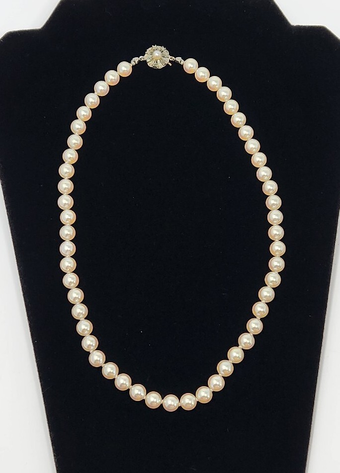Heavy Hand-Knotted Faux Pearl Necklace 19″ Sheen 8mm Hook Clasp Marked 835 VTG