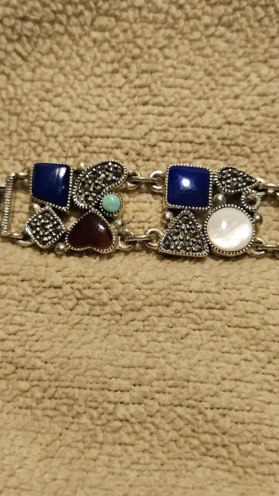 Vintage Signed CW 925 Sterling Silver Multi-Gemstone Marcasite Bracelet 7.5″