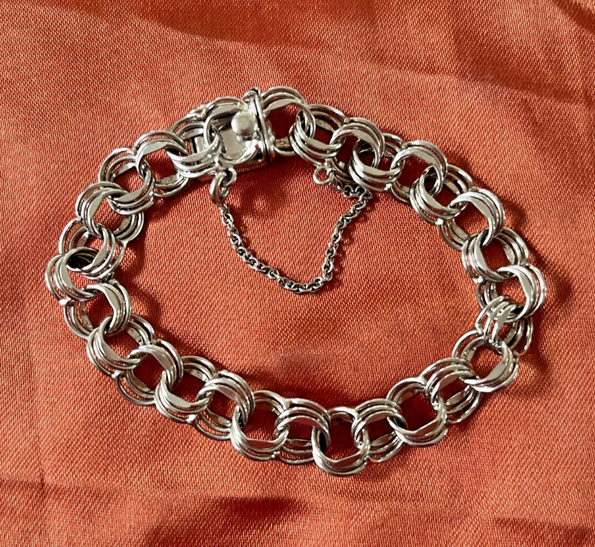 Sterling Silver Triple Link Starter Charm Bracelet 1970s-80s