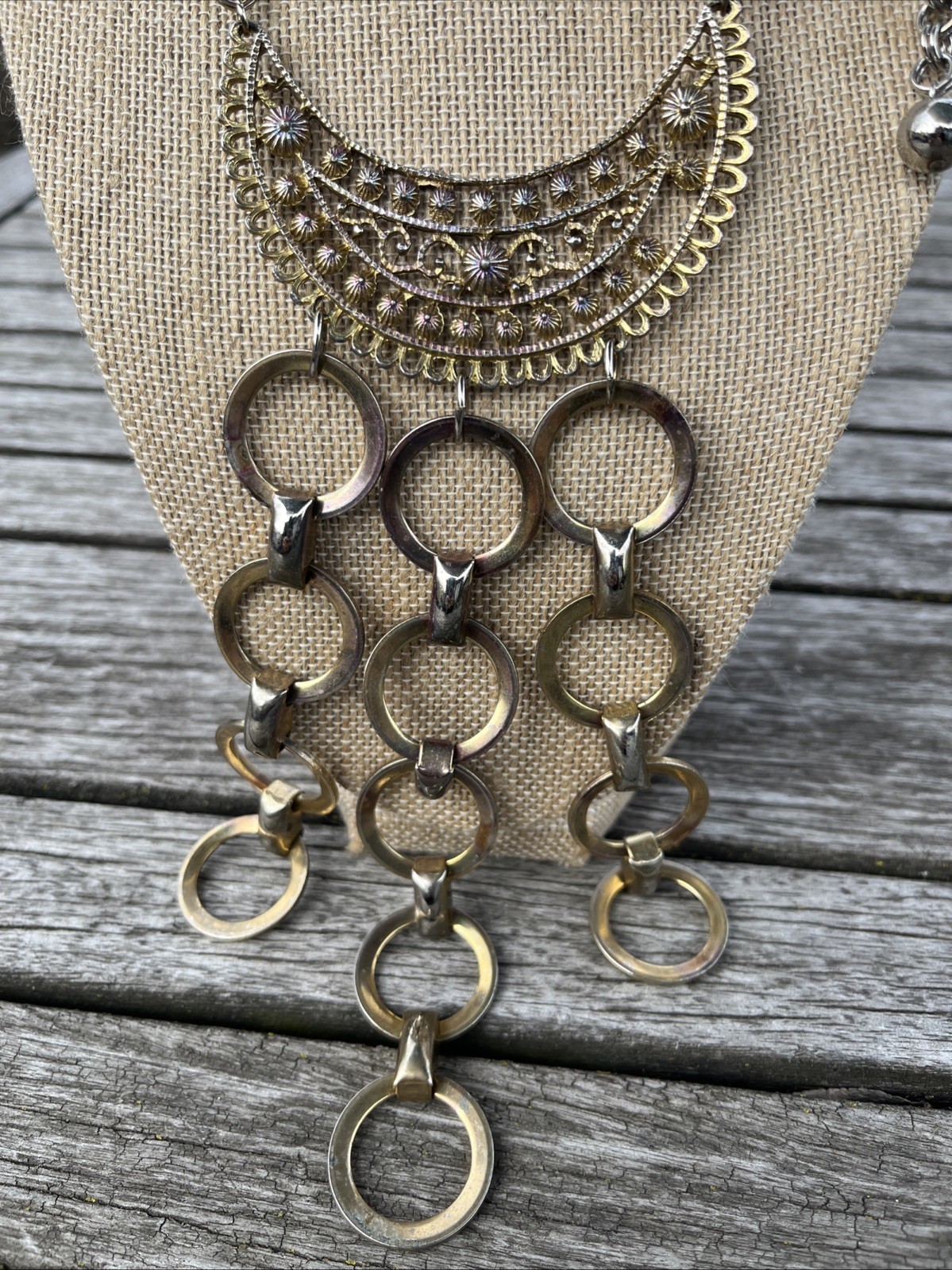 Vintage Metal Persian Style Chain Necklace Half Circle Pendant Dangle 1980s