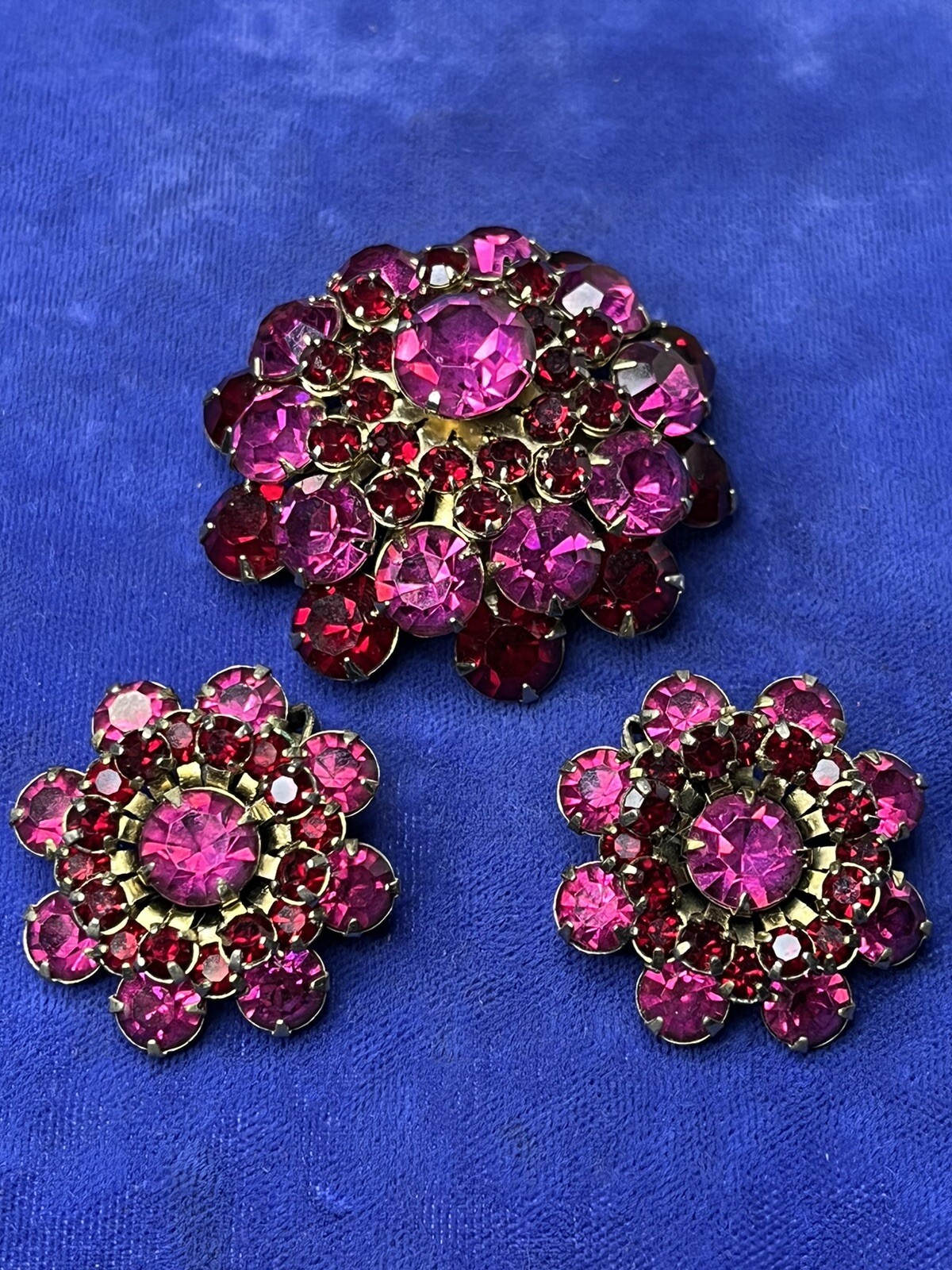 Vintage Rhinestone Dome Brooch Crystal Fuchsia Pink Red Garnet Layered Earrings