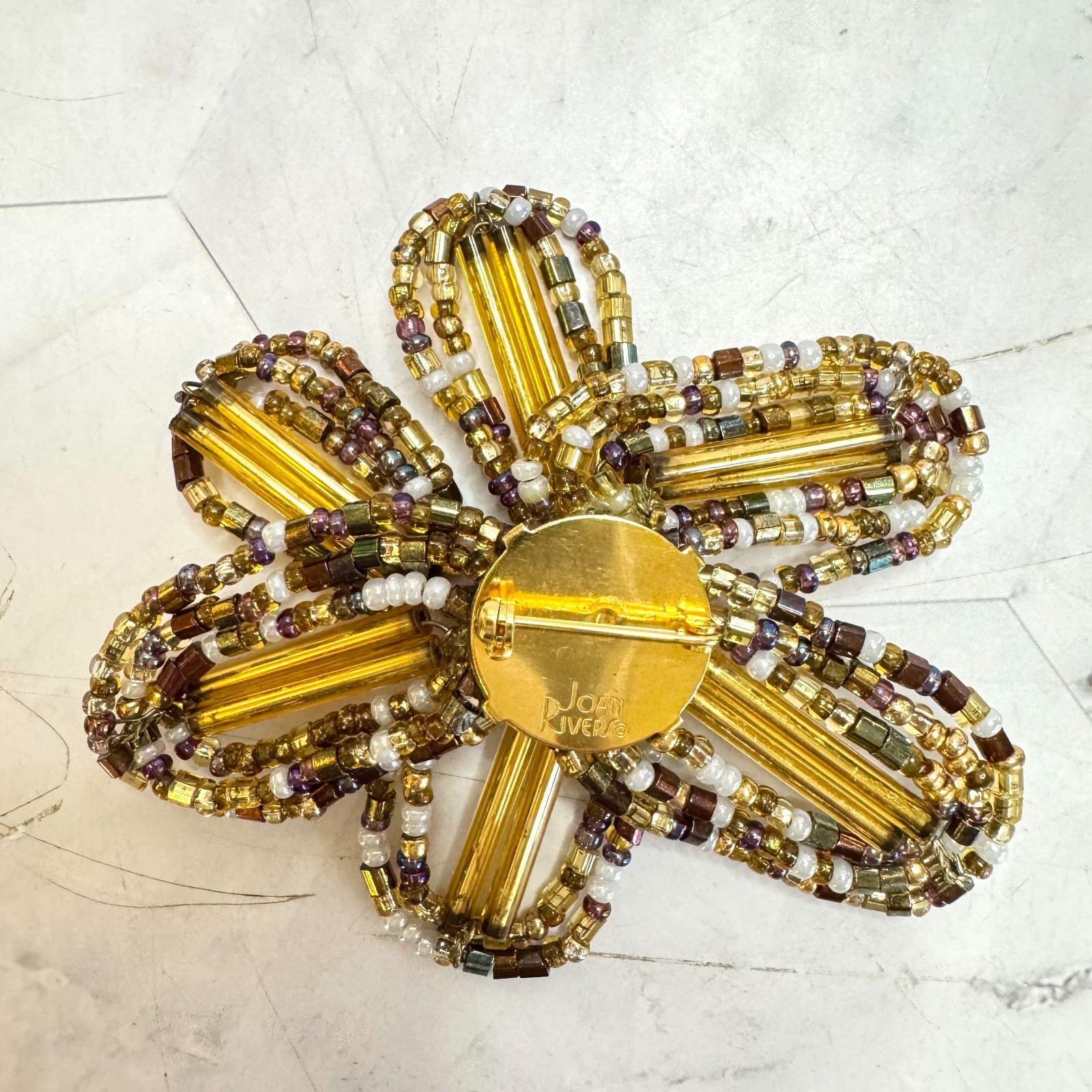 Vintage Joan Rivers Flower Brooch Pin Gold Tone Glass Beaded Signed 3″ Retro EUC