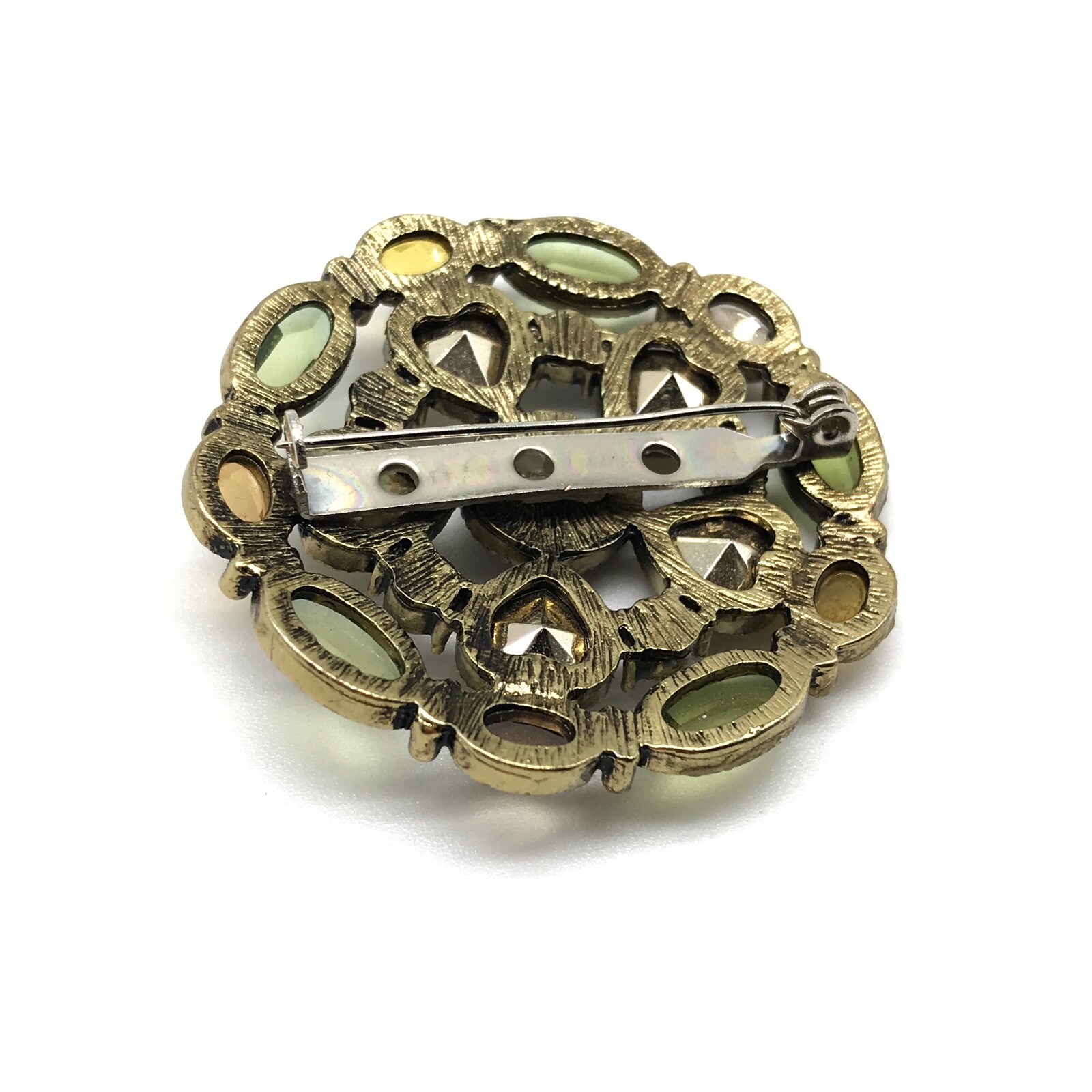 Vintage Multicolor Rhinestone Green Purple Yellow Heart Round Brooch Pin