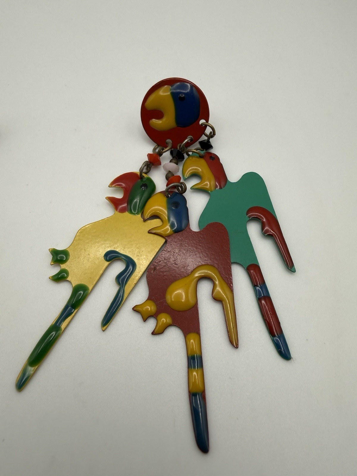 Vintage Dangle Enameled Parrot Earrings 4”