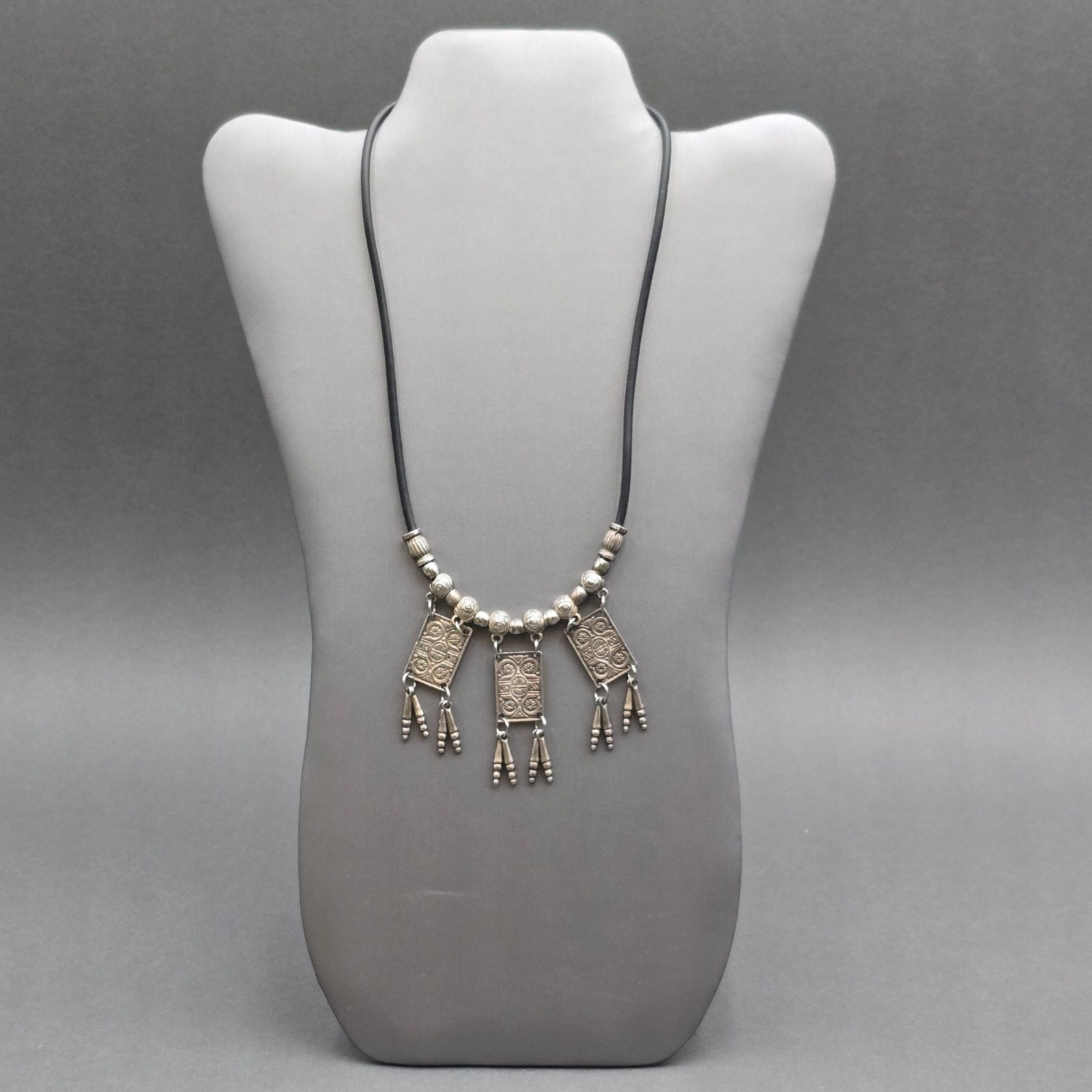 Vintage Tribal Panel Fringe Necklace Silver Tone Leather Cord Boho Statement