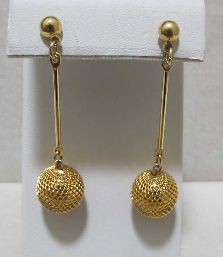 FISHNET Mesh Covered Gold Tone Bead Vertical Bar Dangle Post Earrings 2-3/8”