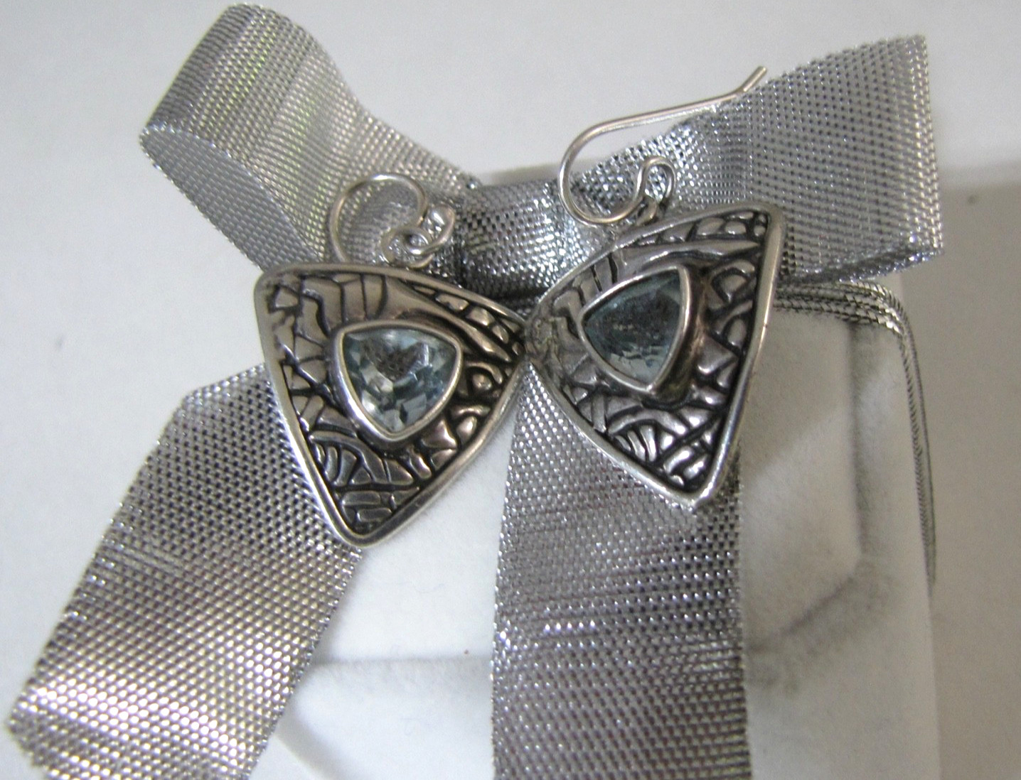 Vintage Sterling Silver Trillion Blue Topaz Tribal Shield Earrings Signed DC 925