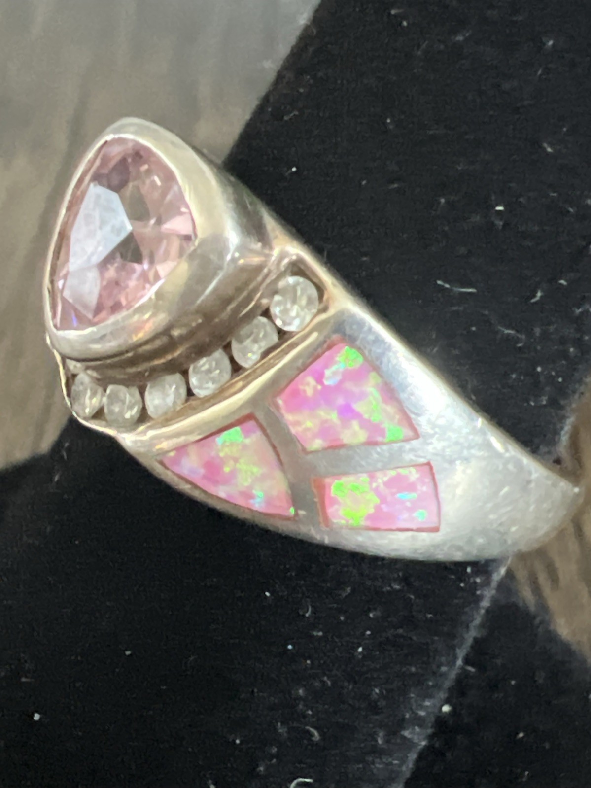 Stunning 925 Sterling Silver Pink Trillion Cut Ring with Inlay & Accents