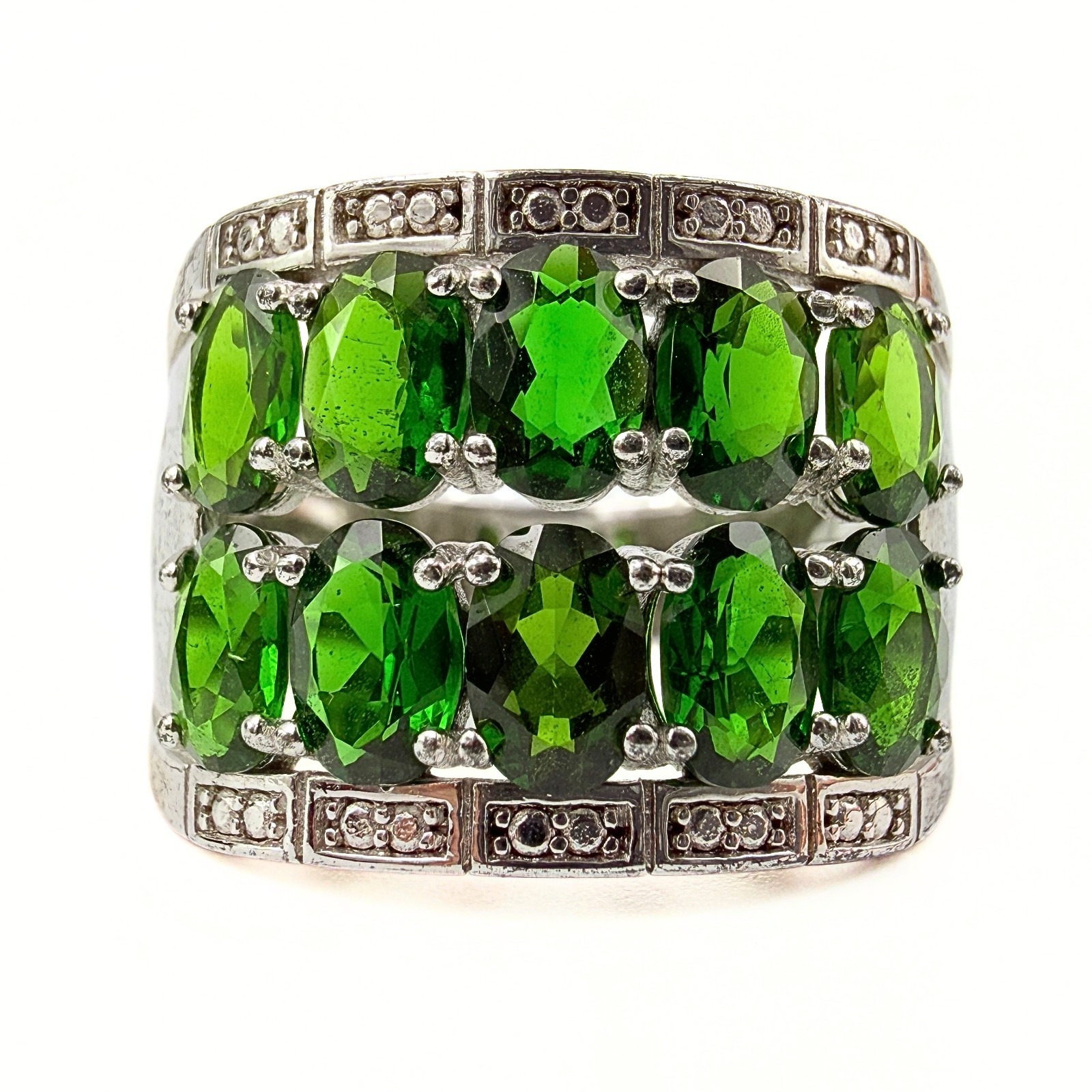 Marked DK Sterling Silver Double Row Diopside Green Iolite CZ Ring Sz 9.75