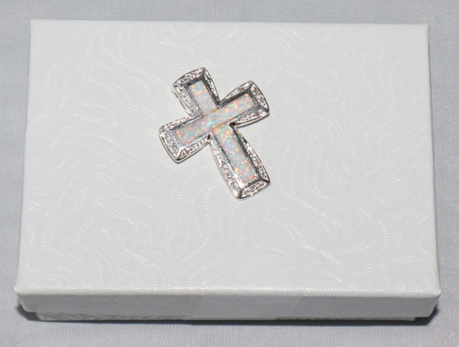 Vintage Sterling Silver Faux Opal Inlay Crystal Accent Cross Pendant Signed AK
