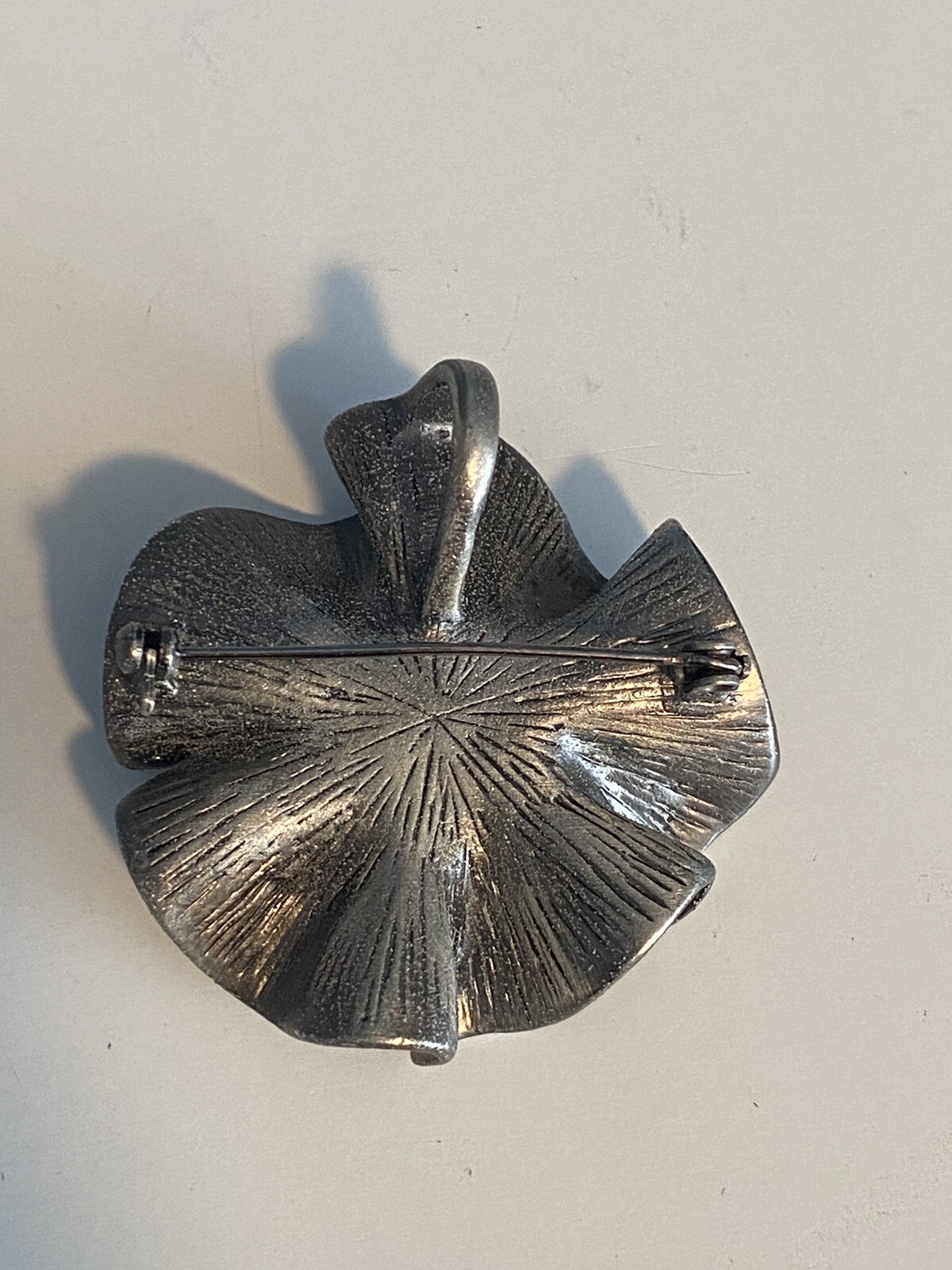 Flower Brooch Pewter Smoked Rhinestone Center 1.75” Wide Textured or Pendant
