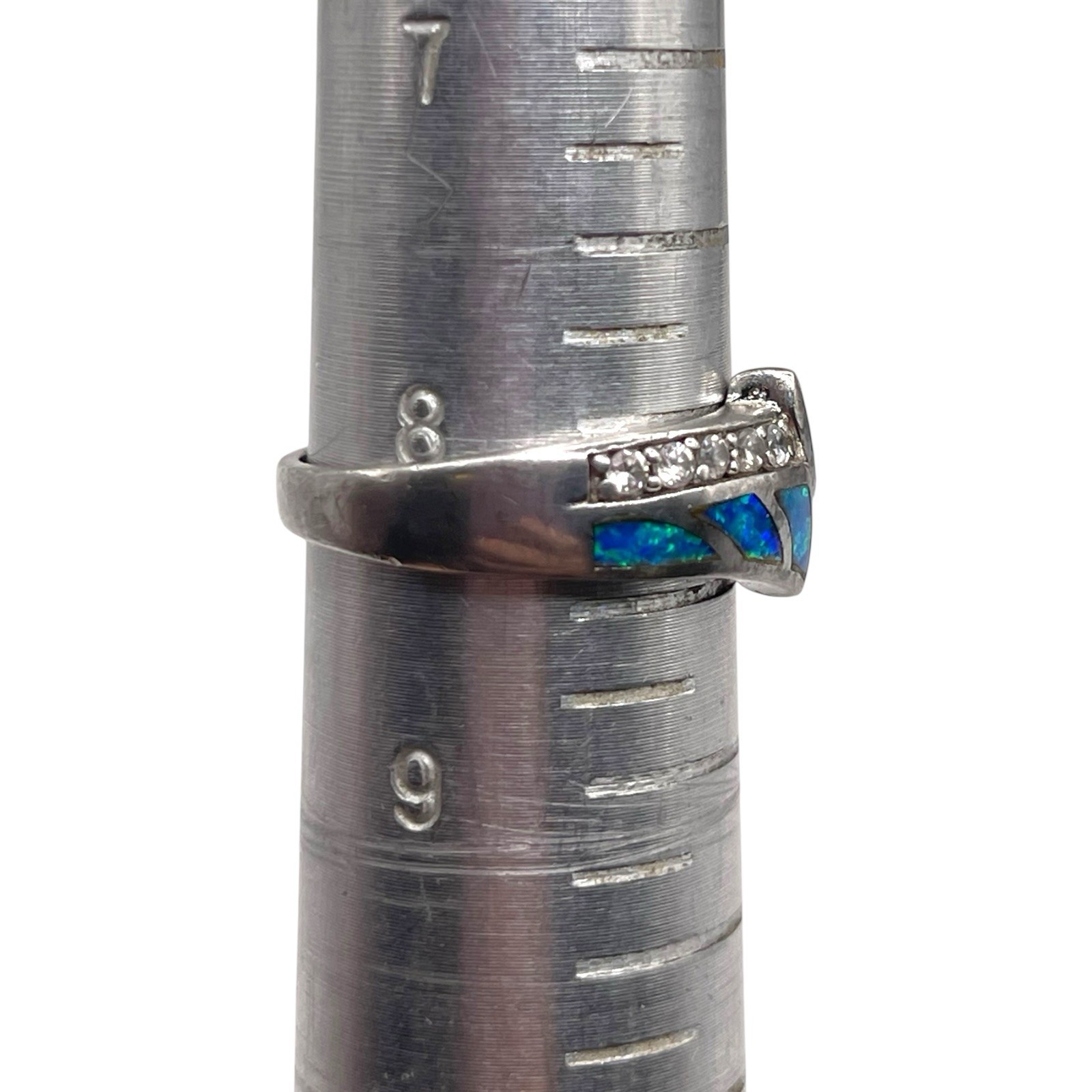 Blue Fire Opal with CZ Accents 925 Sterling Band Ring, size 8.25