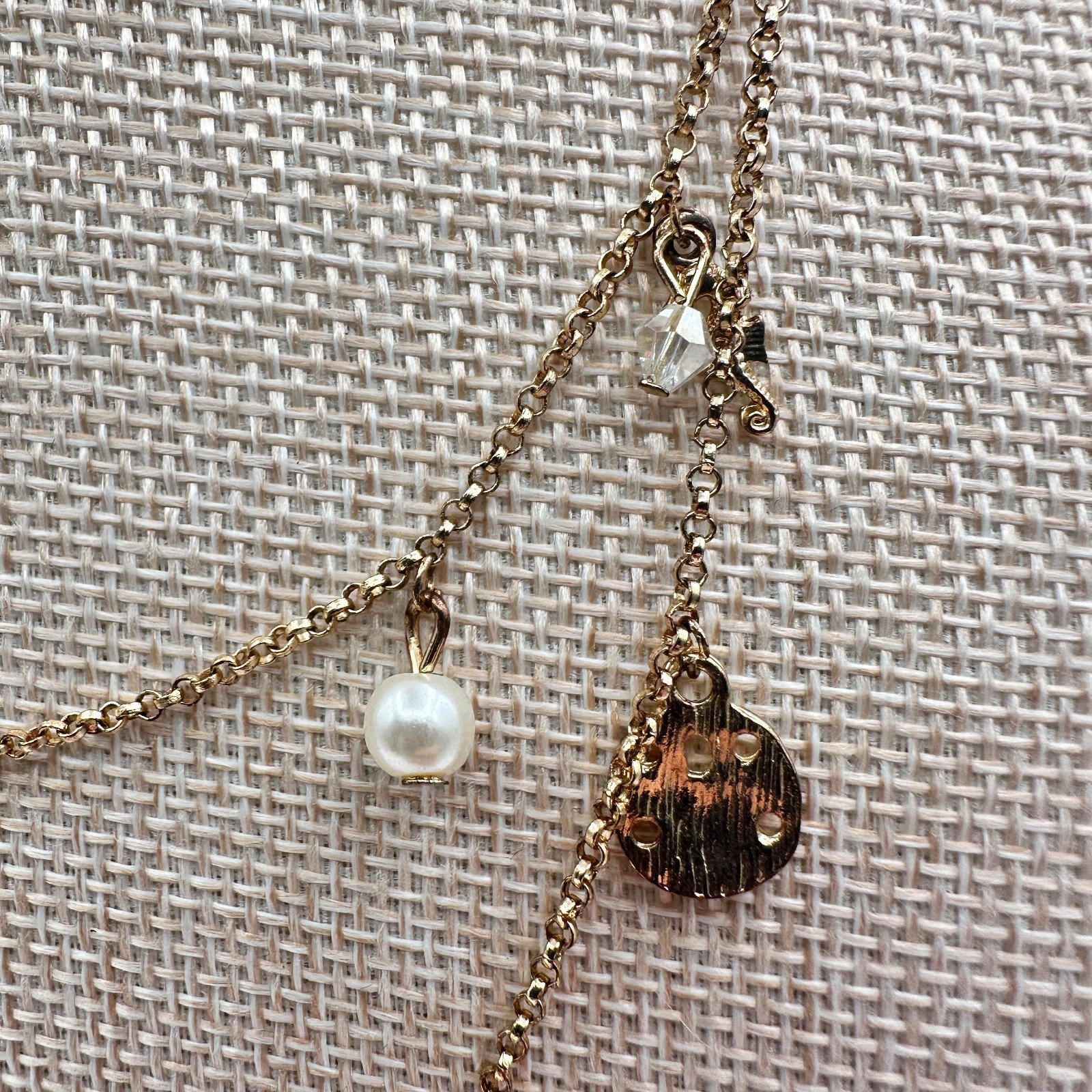 Vintage 90s Gold Tone Double Layer Chain Pearl Charm Station Necklace Jewelry