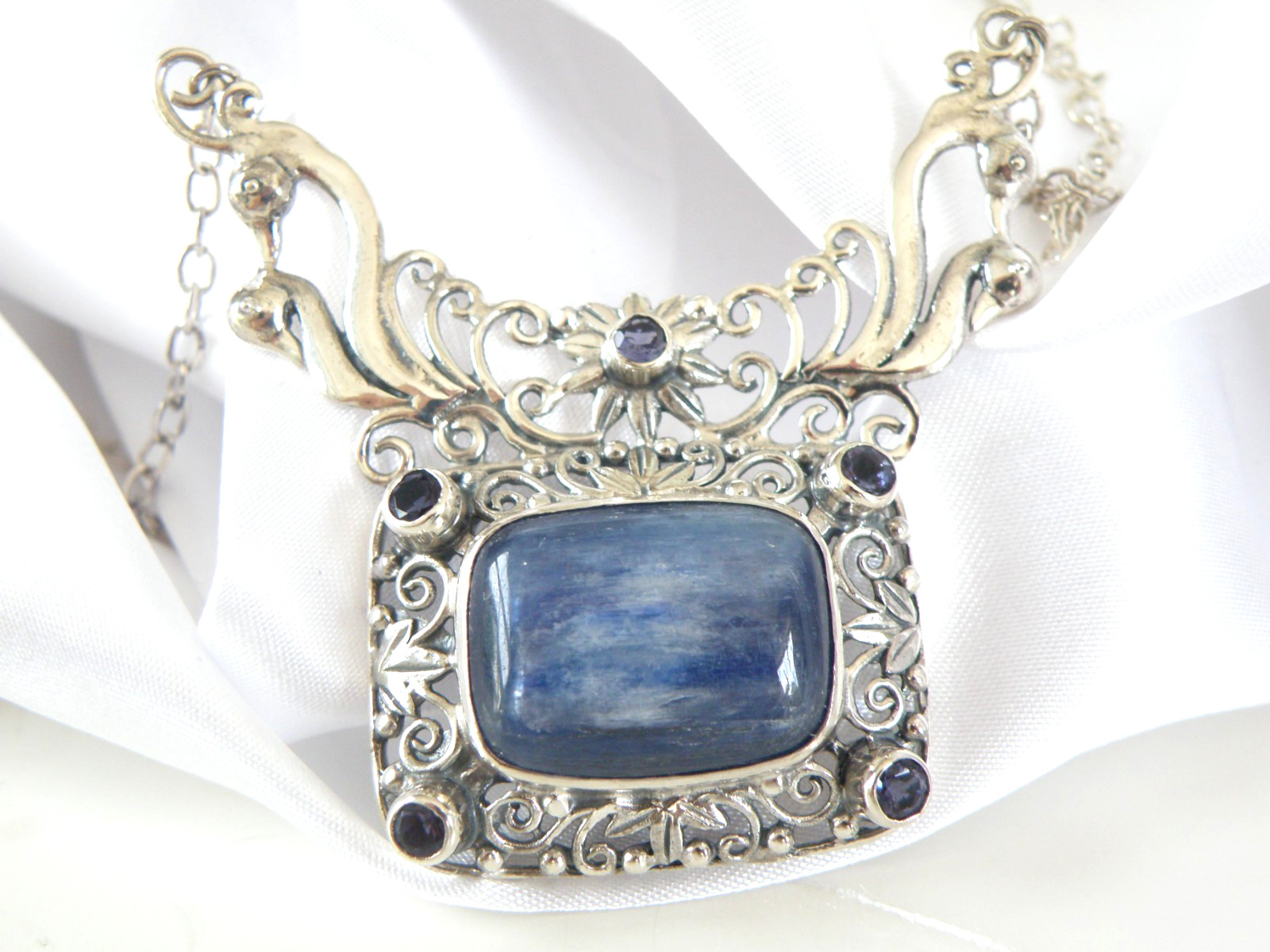 Sterling Silver 925 Natural Kyanite Iolite Art Nouveau Style Necklace 18″