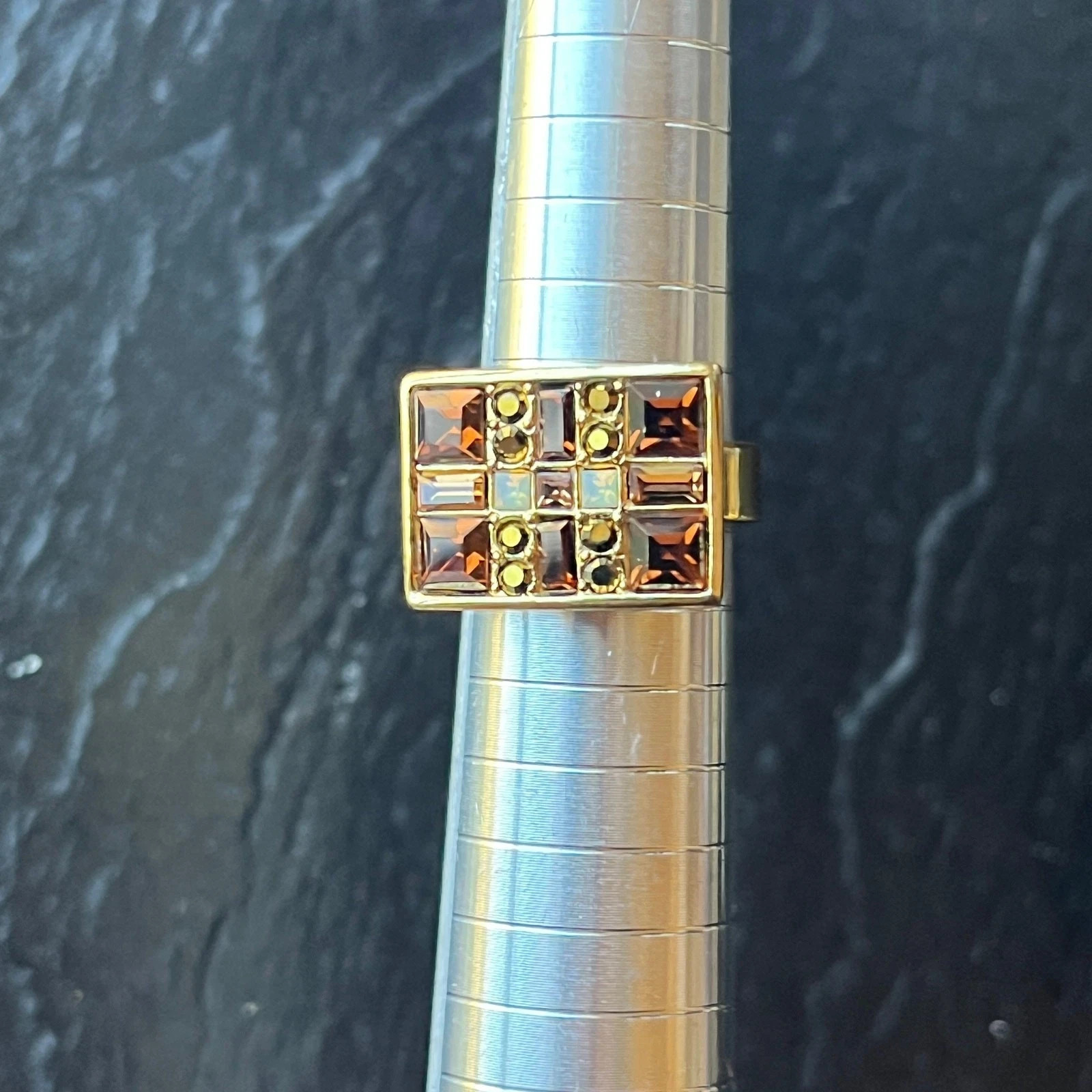 Vintage GIVENCHY Gold Tone Rectangular Ring with White and Amber Rhinestones