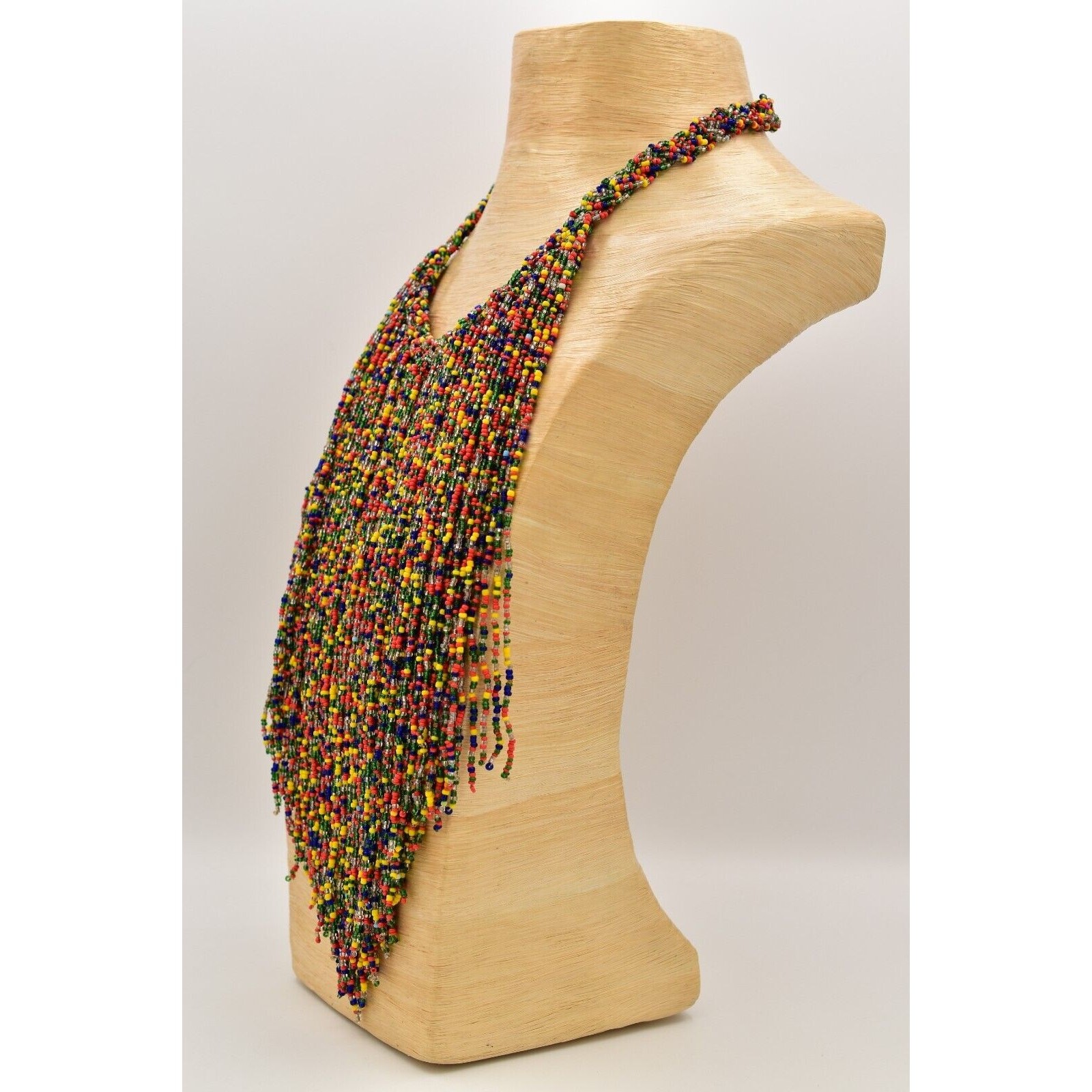 Vintage Rainbow Beaded Bib Statement Necklace Fringe Collar Colorful 70s BinA17