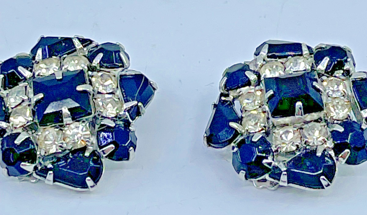 Vintage 60’S Black Clear Rhinestone Baguette Clip-On Earrings Faux Onyx