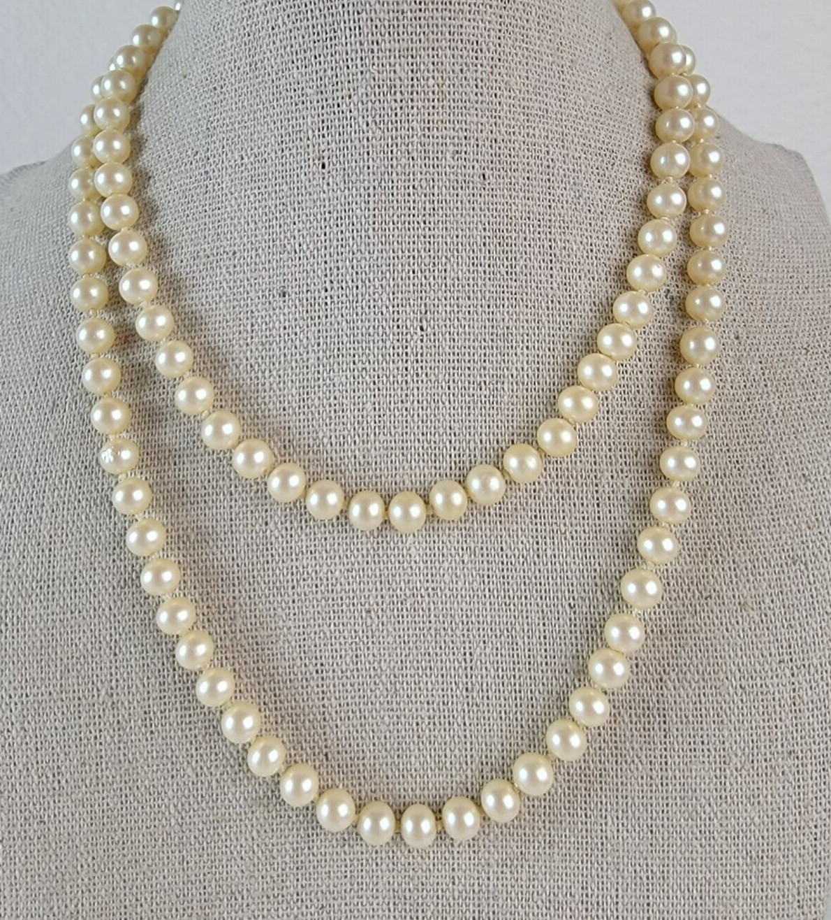 Vintage Cream Faux-Pearl Glass Beaded Necklace Hand Knotted Endless No Clasp 29″