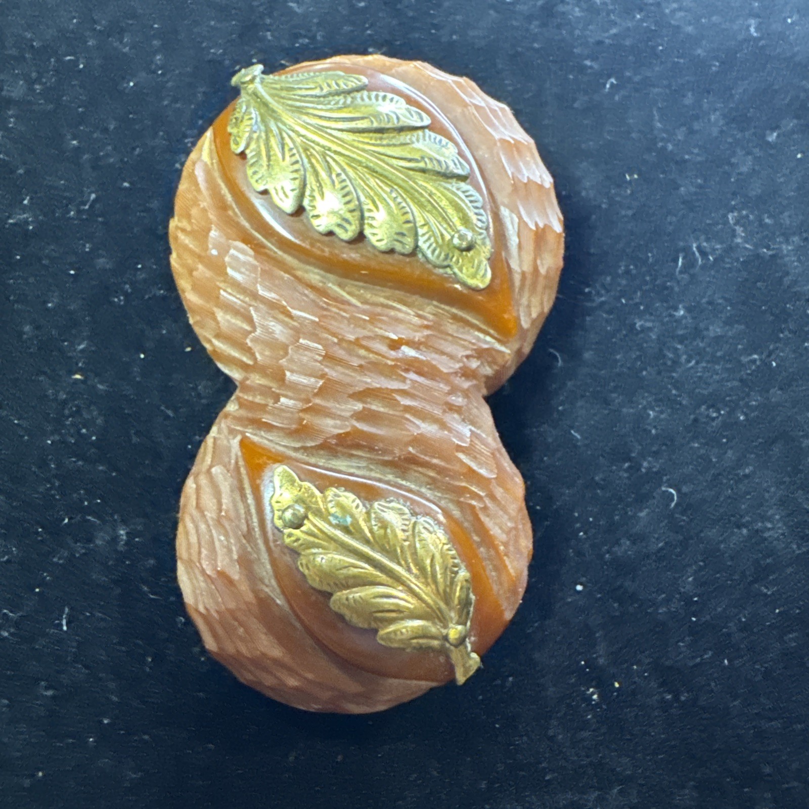Vintage Art Deco Carved Bakelite Brown w/ Brass Leaf Dress Clip