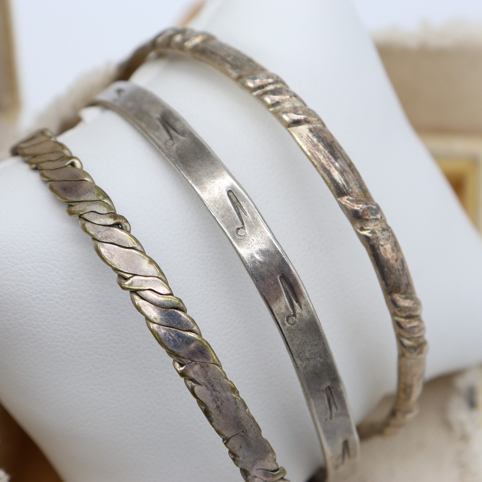 Vtg Taxco Alpaca Mexico Bracelet LOT 3 Silver Rope Bangle Aztec Twist Signed