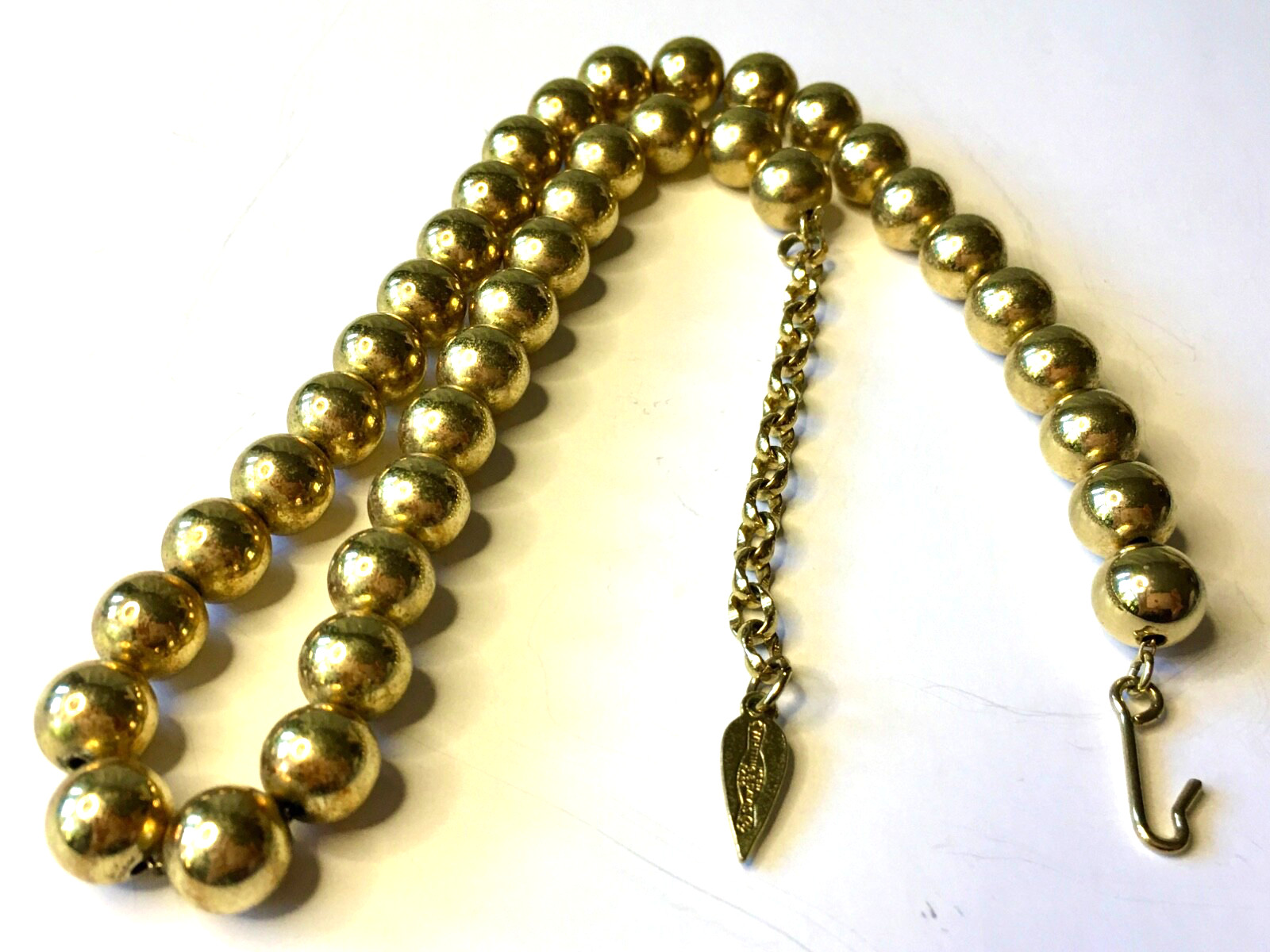 WHITING & DAVIS Shiny Gold Plated Metal 10 mm Ball Bead Necklace Adjustable 16″