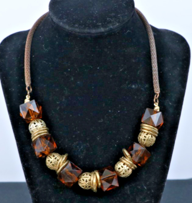 Vintage 80s Amber Lucite & Gold Filigree Beaded Statement Necklace Mesh Chain