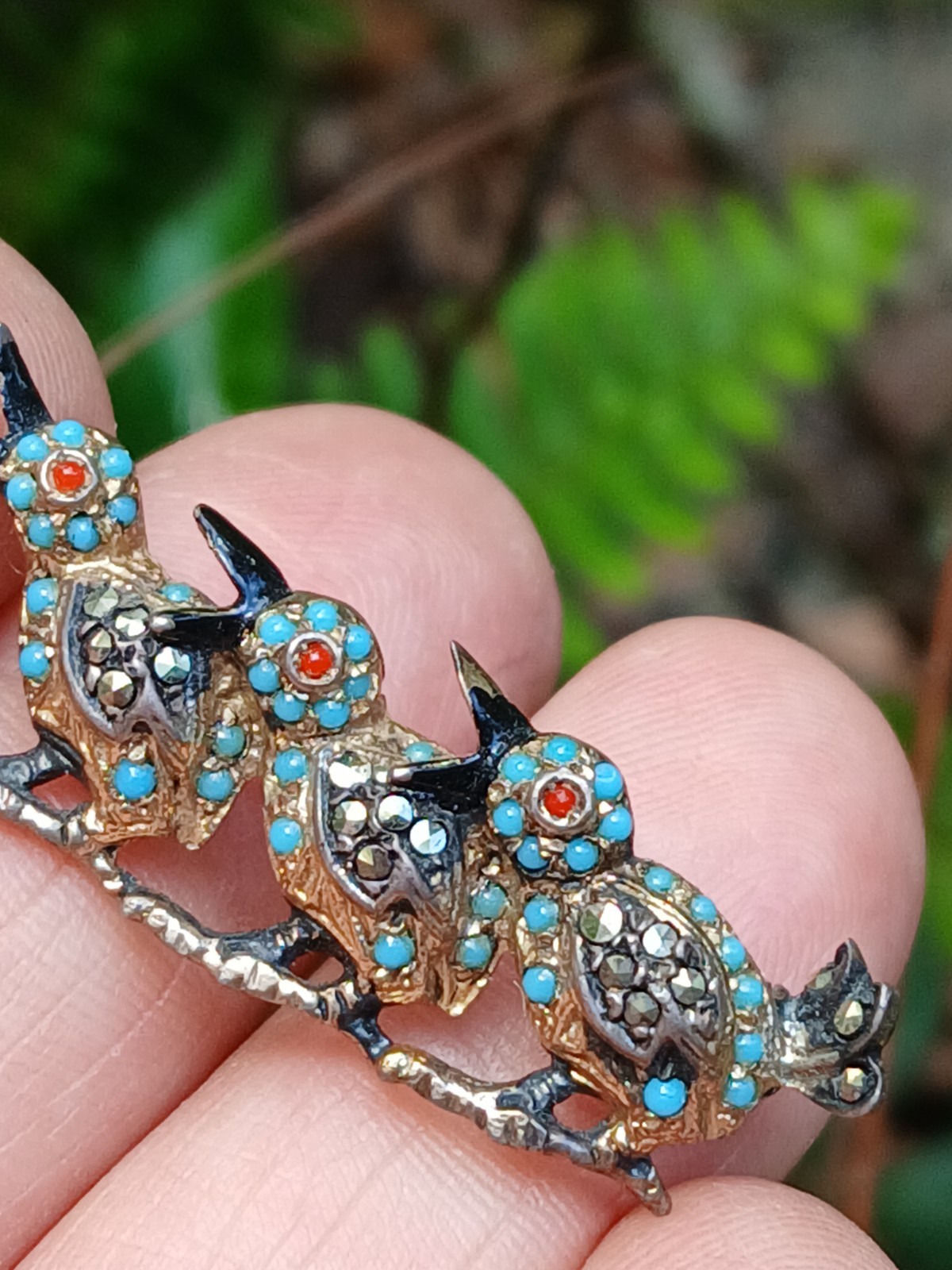 Nice Sterling Silver Enamel Marcasite 3 Birds Branch Brooch/Pin Germany US Zone