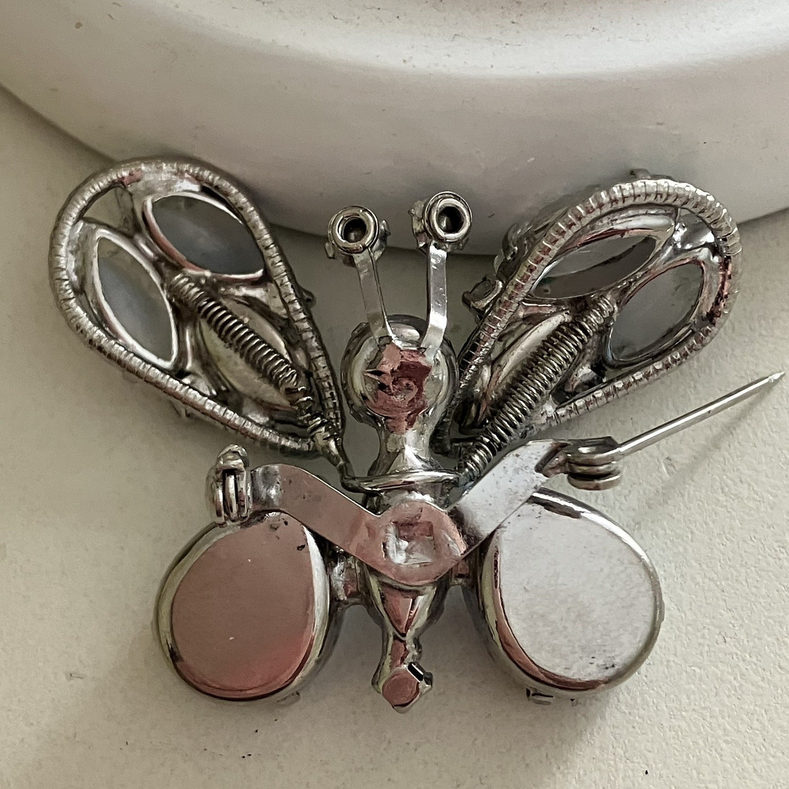 Vintage Butterfly Trembler Brooch Silver Filigree Foil Glass Stones Molded Art
