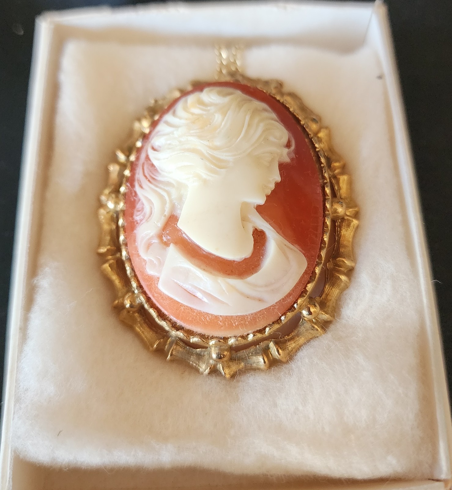 Vintage Salmon Color Lady Head Cameo Necklace Pendant Brooch Pin Beautiful NOS