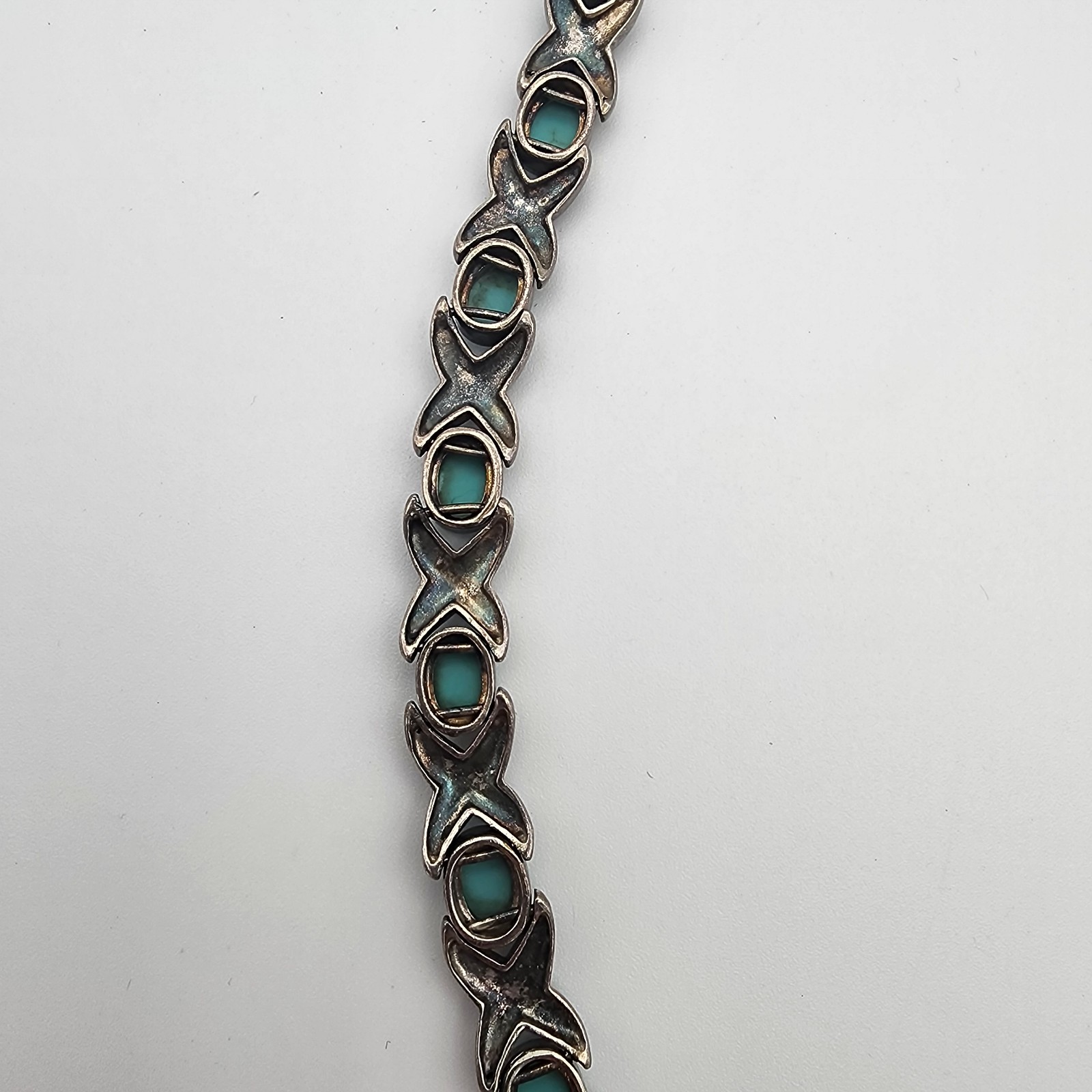 VTG FAS 925 Sterling Silver Marcasite Turquoise XO Link Bracelet 7.25in GUC