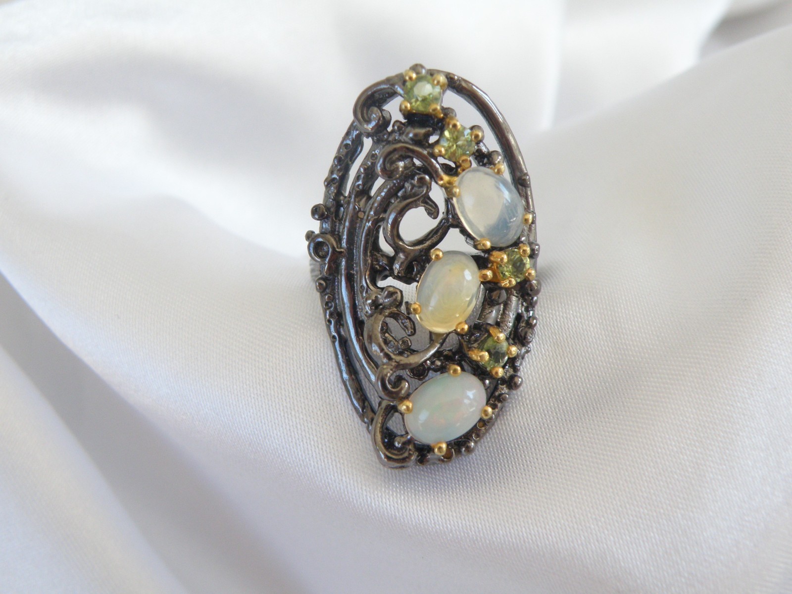 Brutalist Sterling Silver 925 Ethiopian Opal Peridot Modernist Ring Size 8