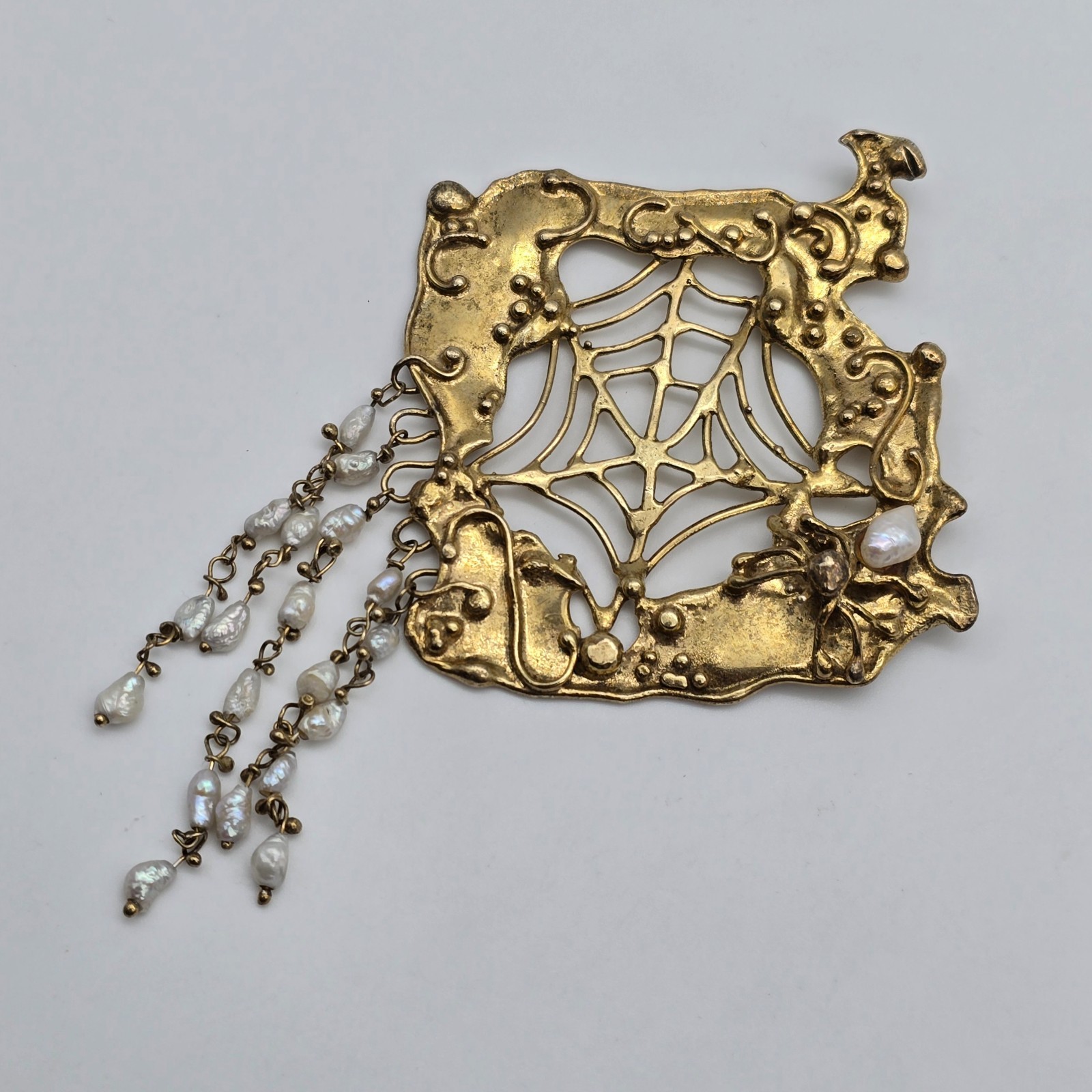 VTG Abstract Brutalist Spider Web Gold over Sterling Pearl Pendant Earrings Set
