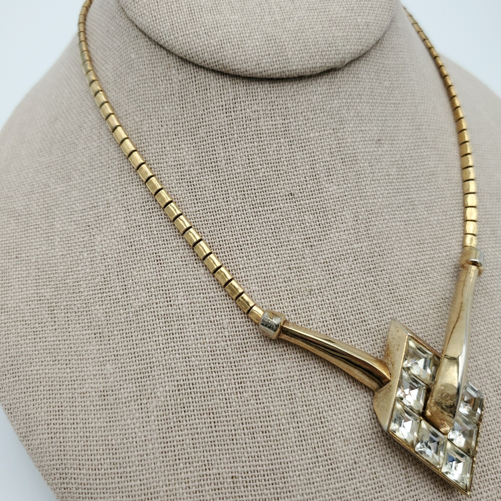 Trifari Alfred Philippe Gold Necklace Clear Rhinestone Lozenge Choker Channel