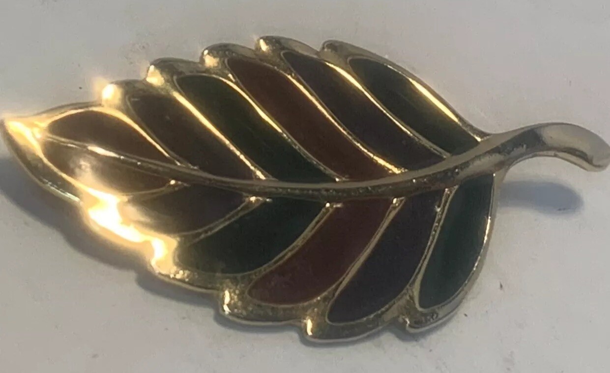 Gold Colored Metal, Red and Green Enameling, Leaf Pin/Brooch, Fall, Christmas