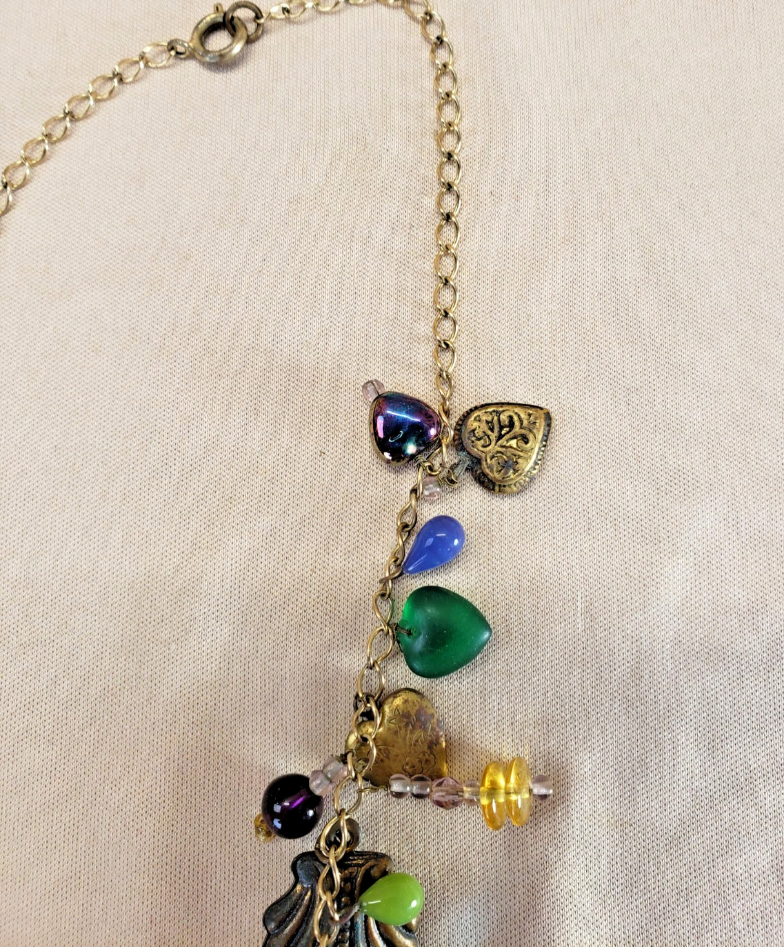 Vintage Ornate Hearts and Glass Charms Necklace Glass Works Studio Style AS IS