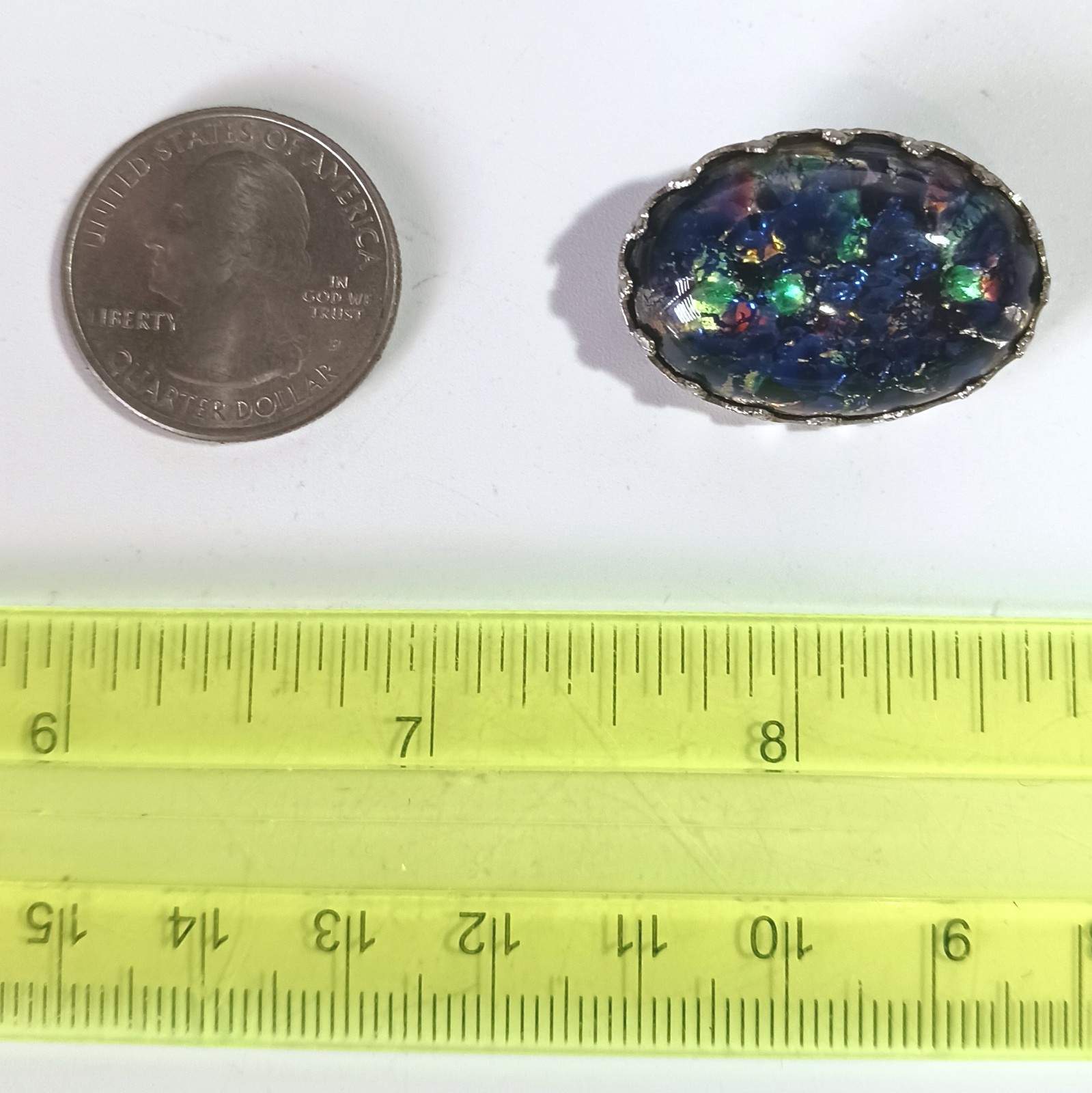 Vtg (Antique?) Silver-tone Brooch w/ Dark Blue & Multicolor Foiled Art Glass